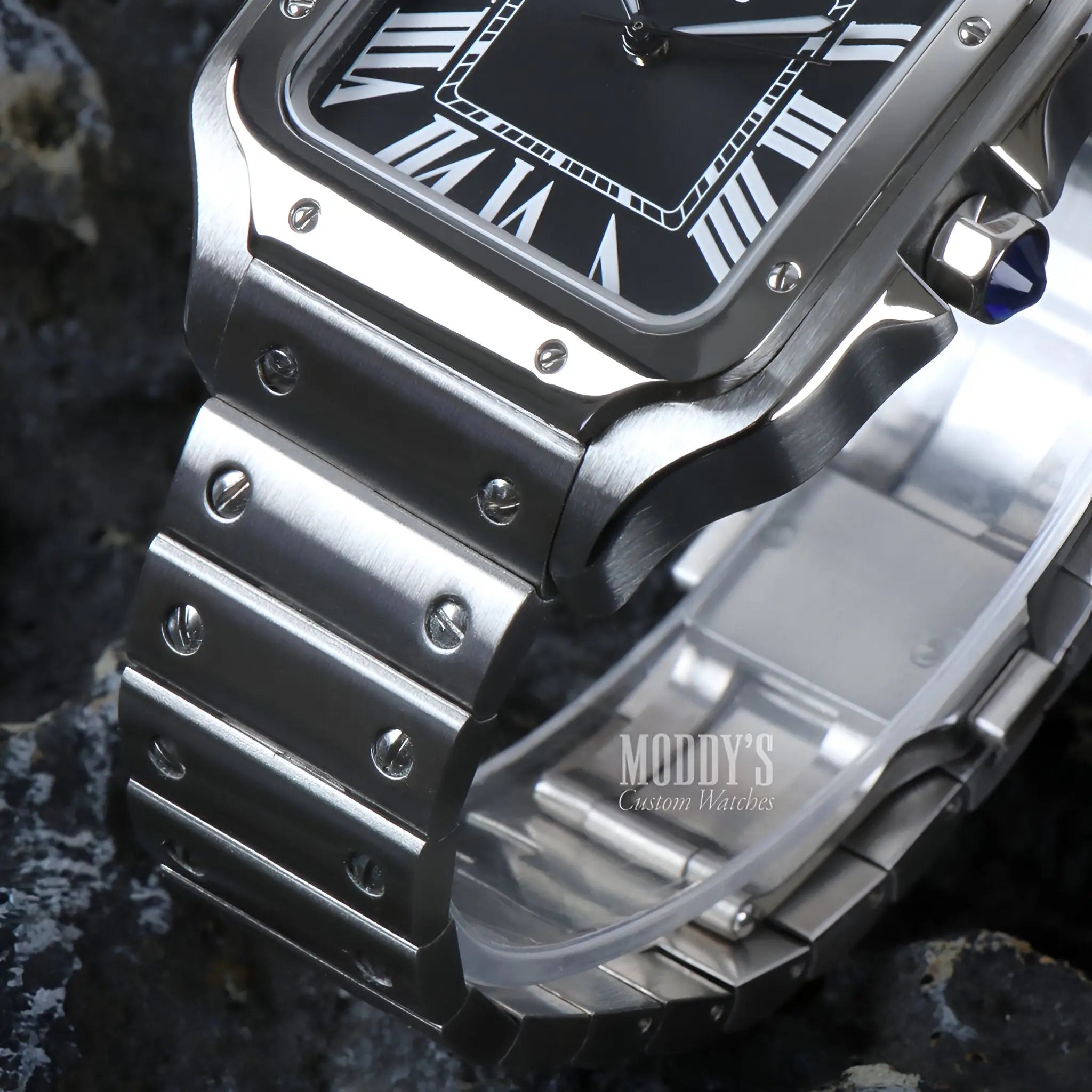 Seiko mod Santos black dial watch with Roman numerals