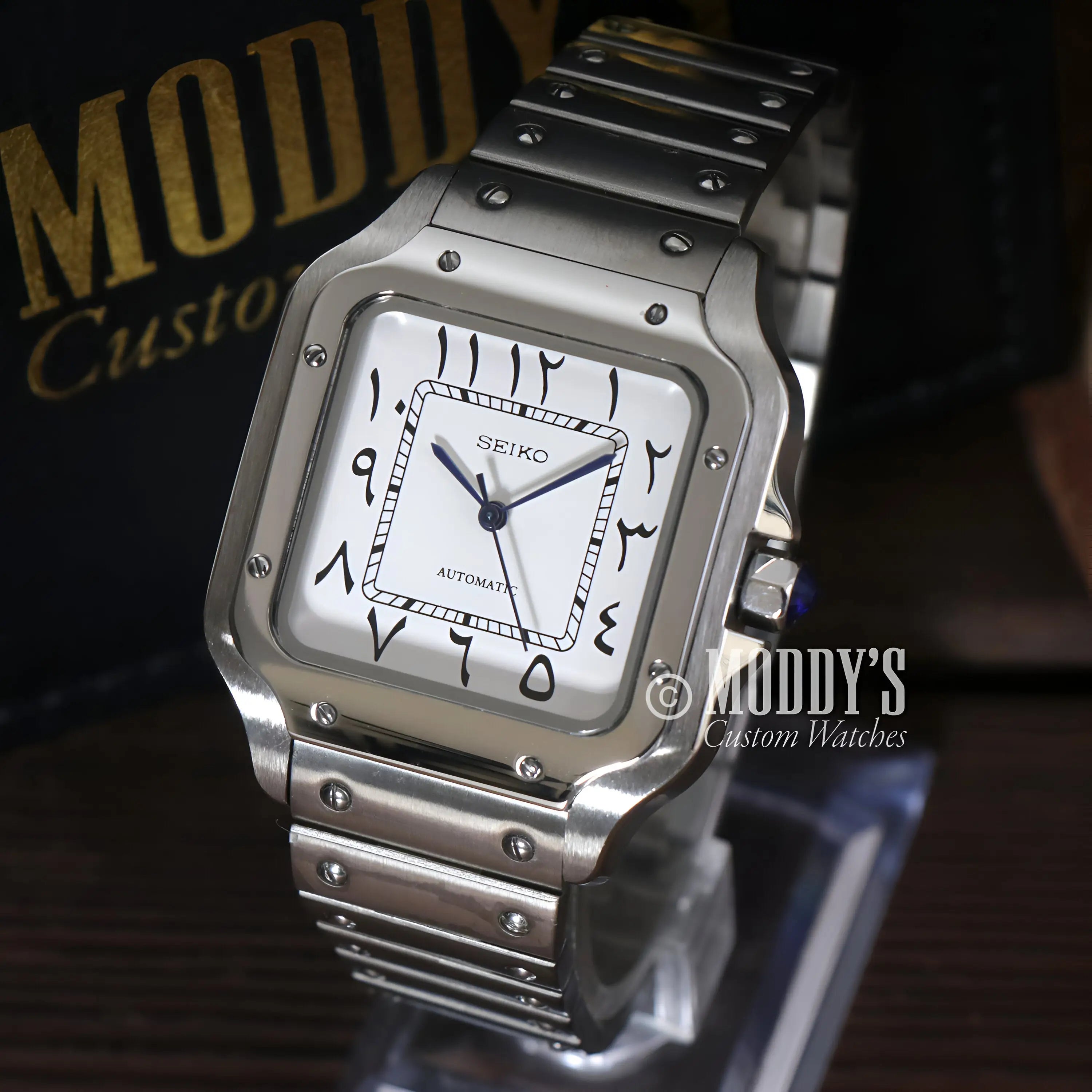 Silver Seiko mod Santos Arabic White watch with NH35 movement