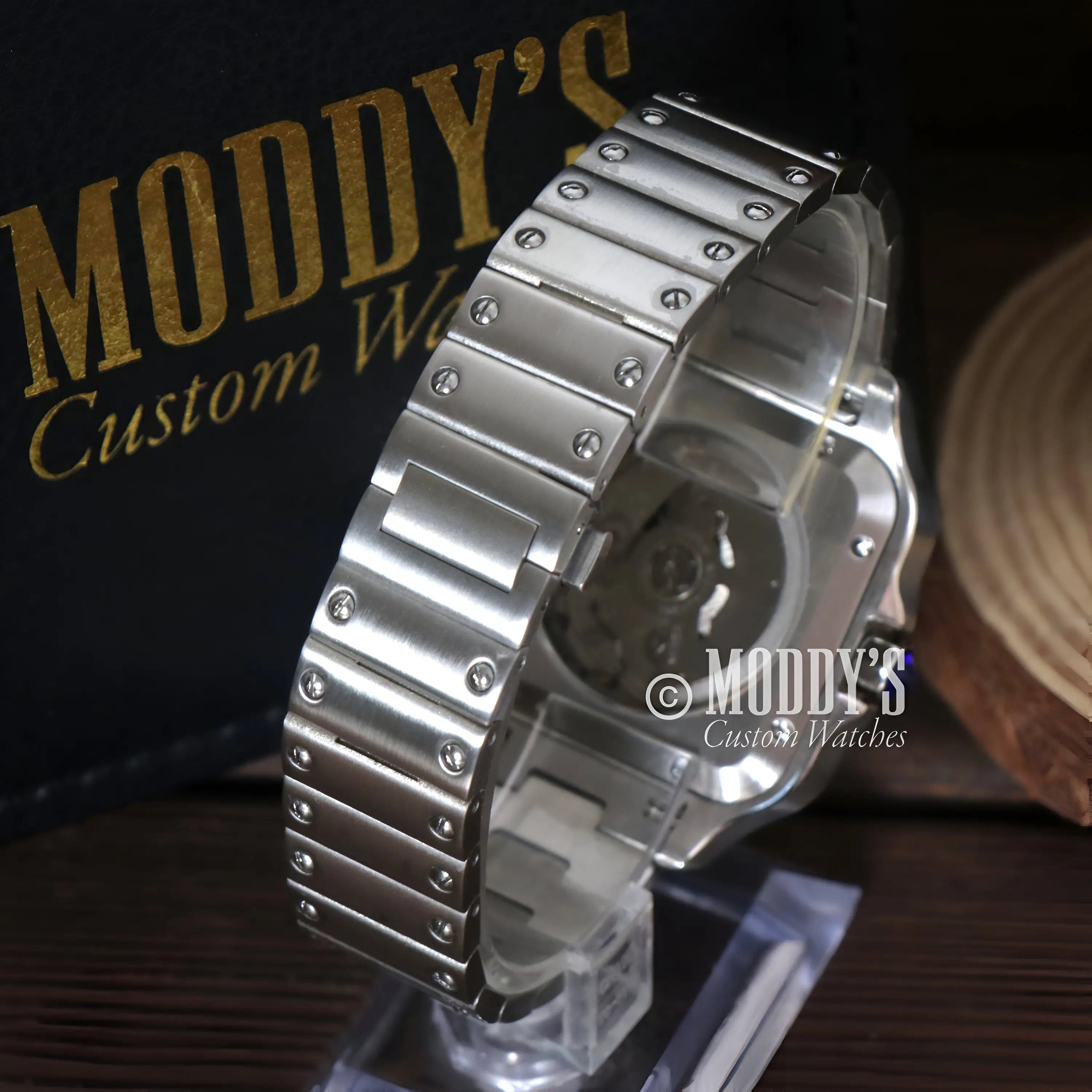 Santeiko Arabic White Seiko Mod Santos watch with silver stainless steel band and diamond accents