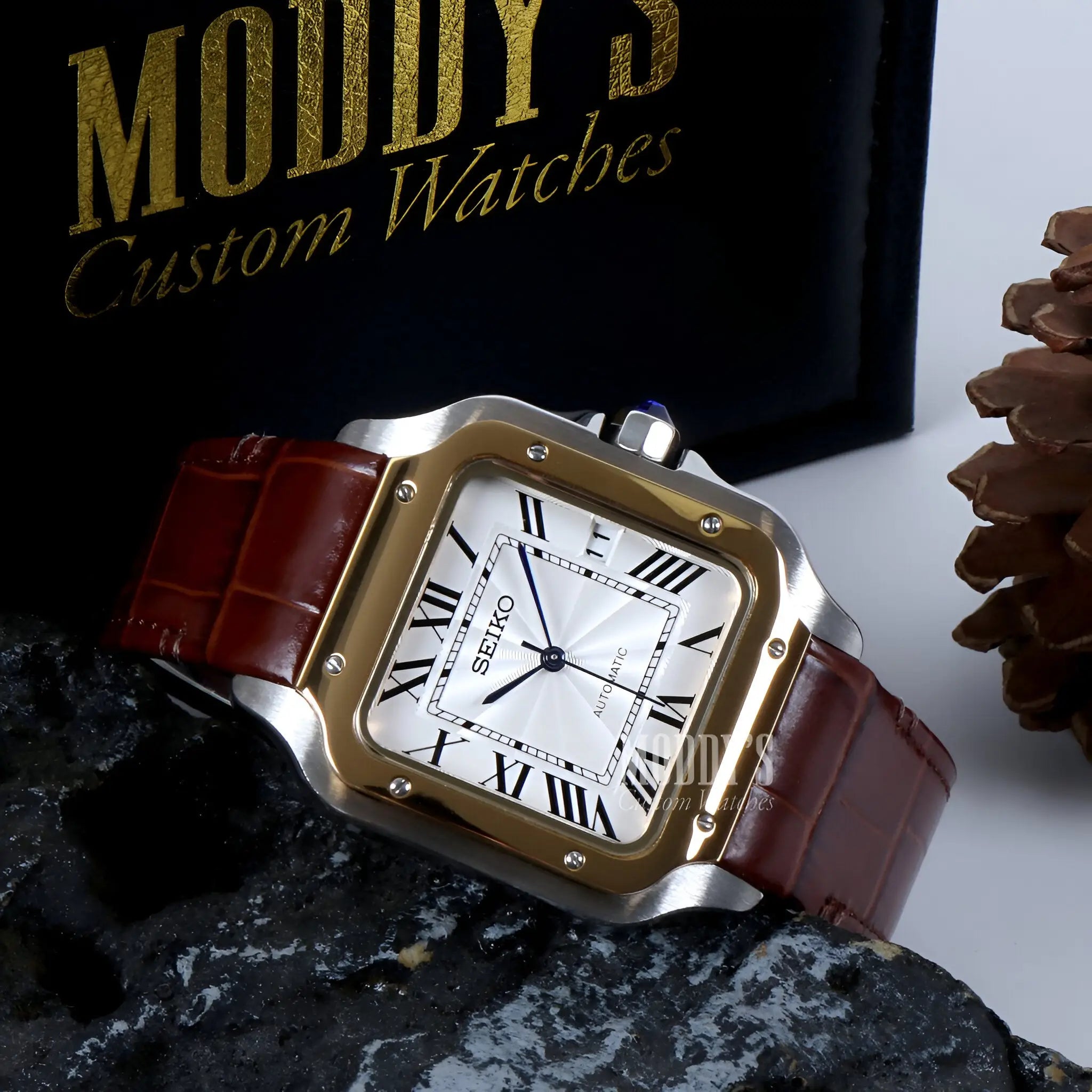 Gold and silver Seiko mod Santos with brown leather strap, NH35 automatic