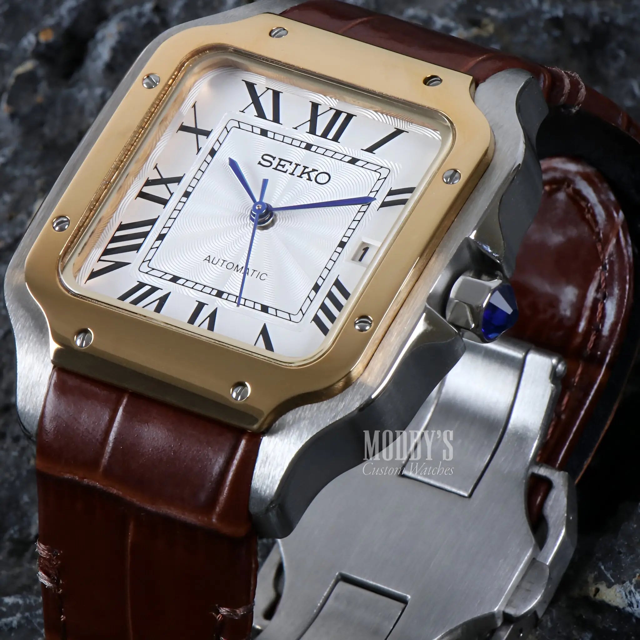 Seiko NH35 automatic mod Santos watch with brown leather strap