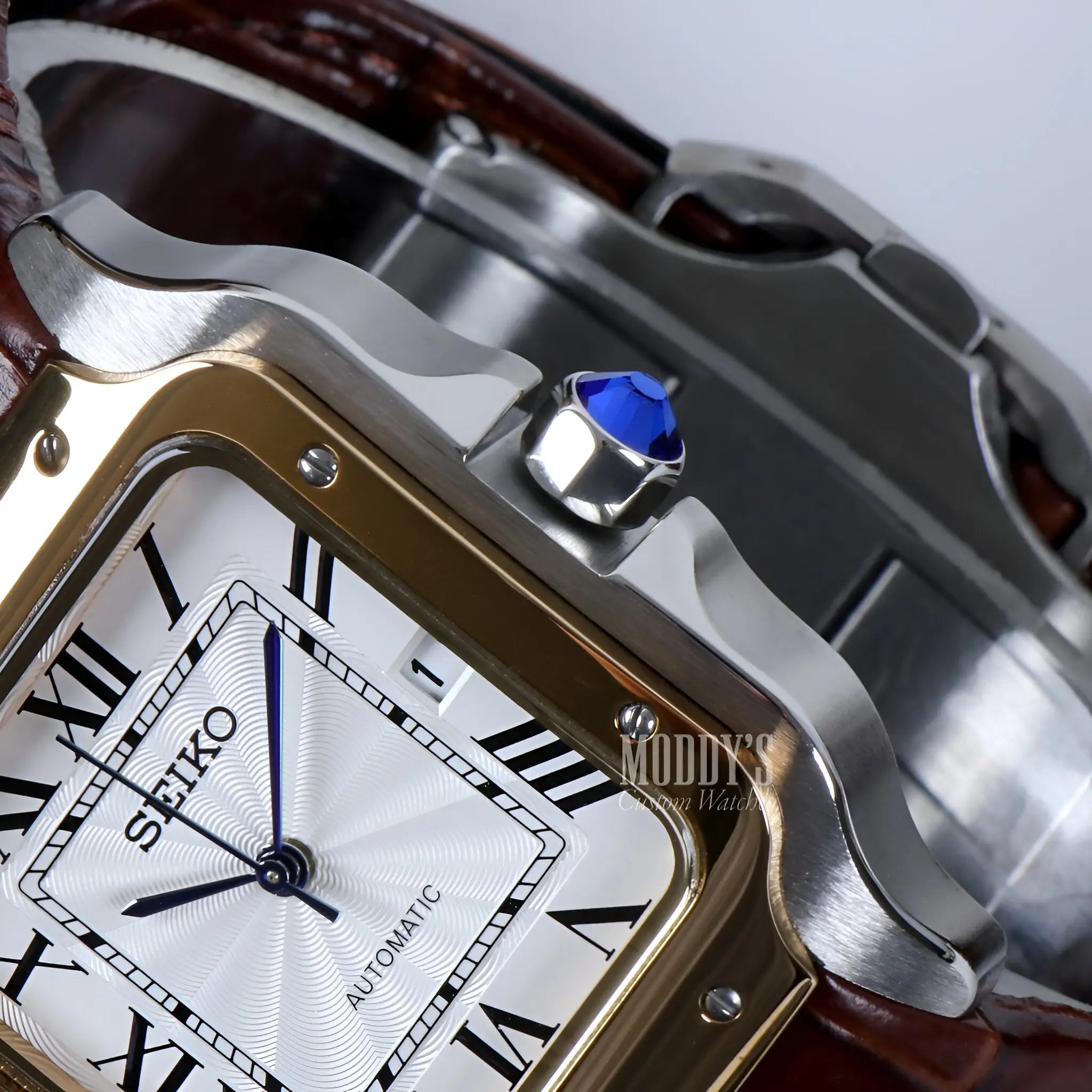 Gold and silver Seiko NH35 automatic watch with brown leather strap