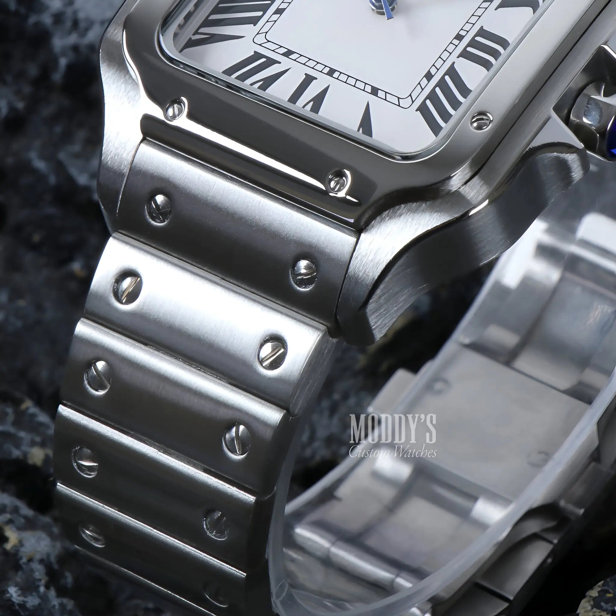 Mod Santos Seiko NH35 automatic watch with black dial, Roman numerals, sapphire glass