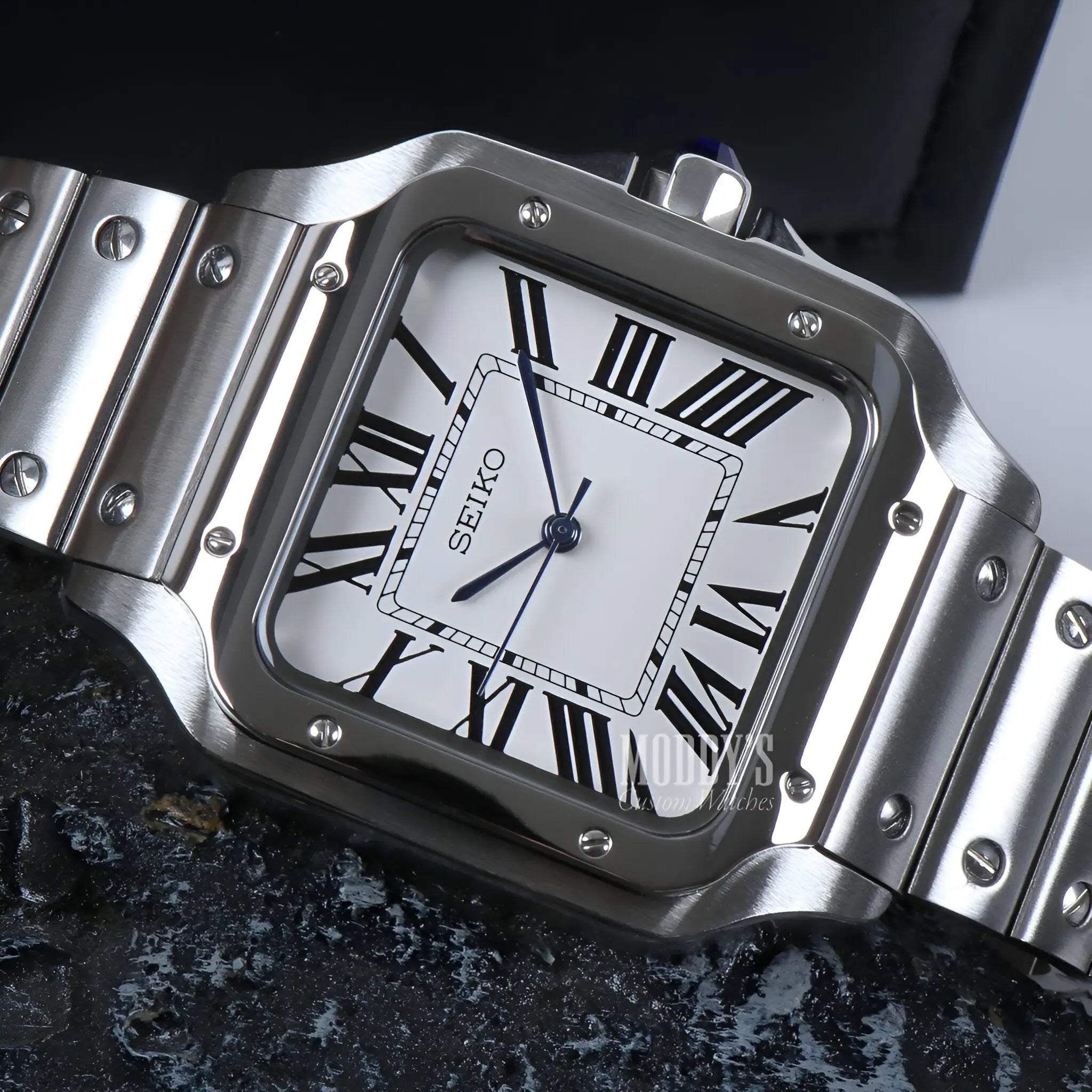 Silver Seiko NH35 automatic mod Santos watch with square face, Roman numerals, sapphire glass