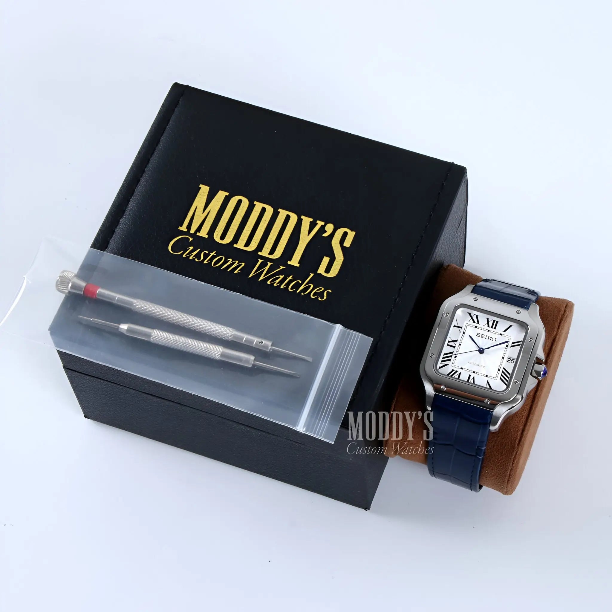 Seiko mod Santos: silver rectangular watch with blue leather strap