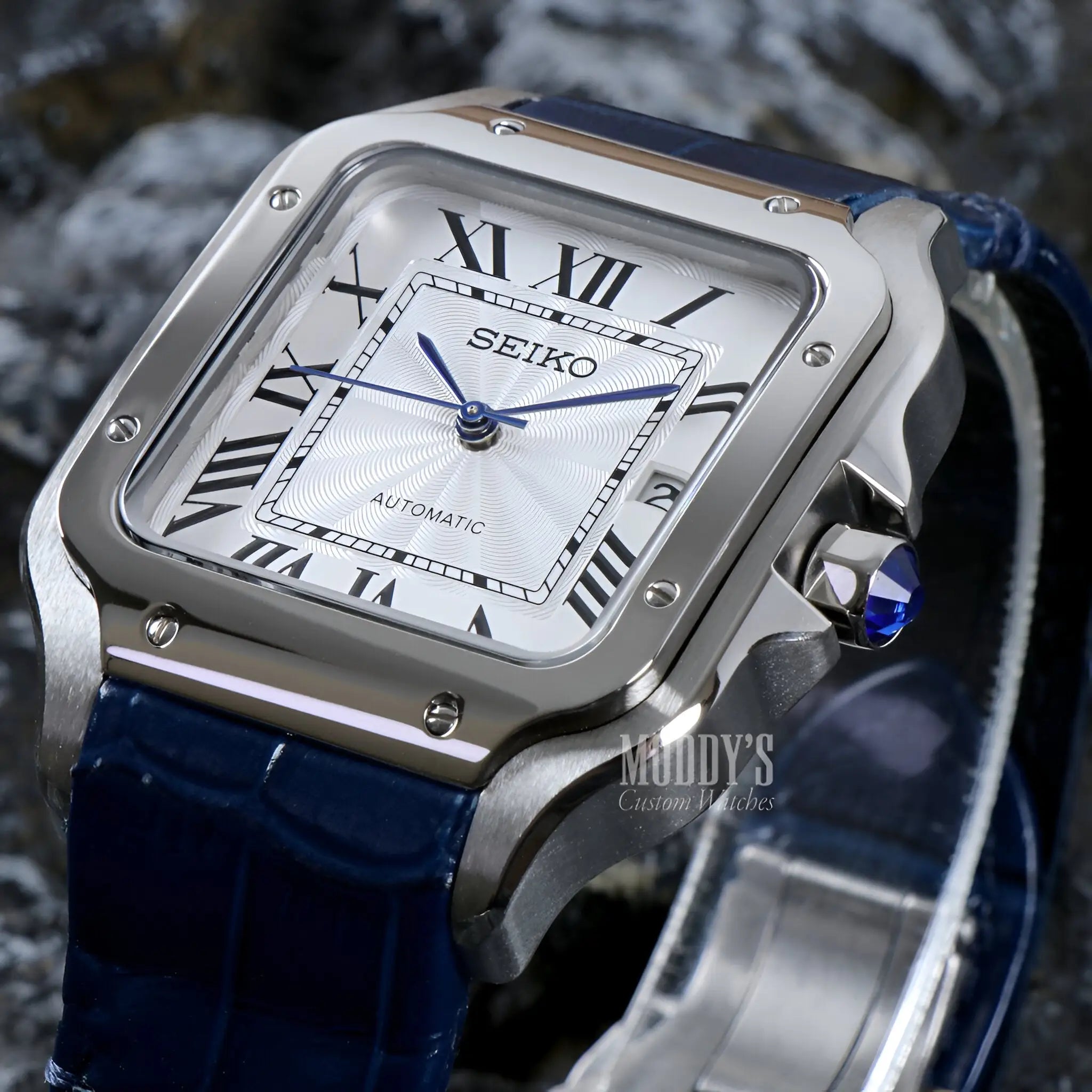 Seiko mod santos NH35 automatic watch with white face, blue leather strap