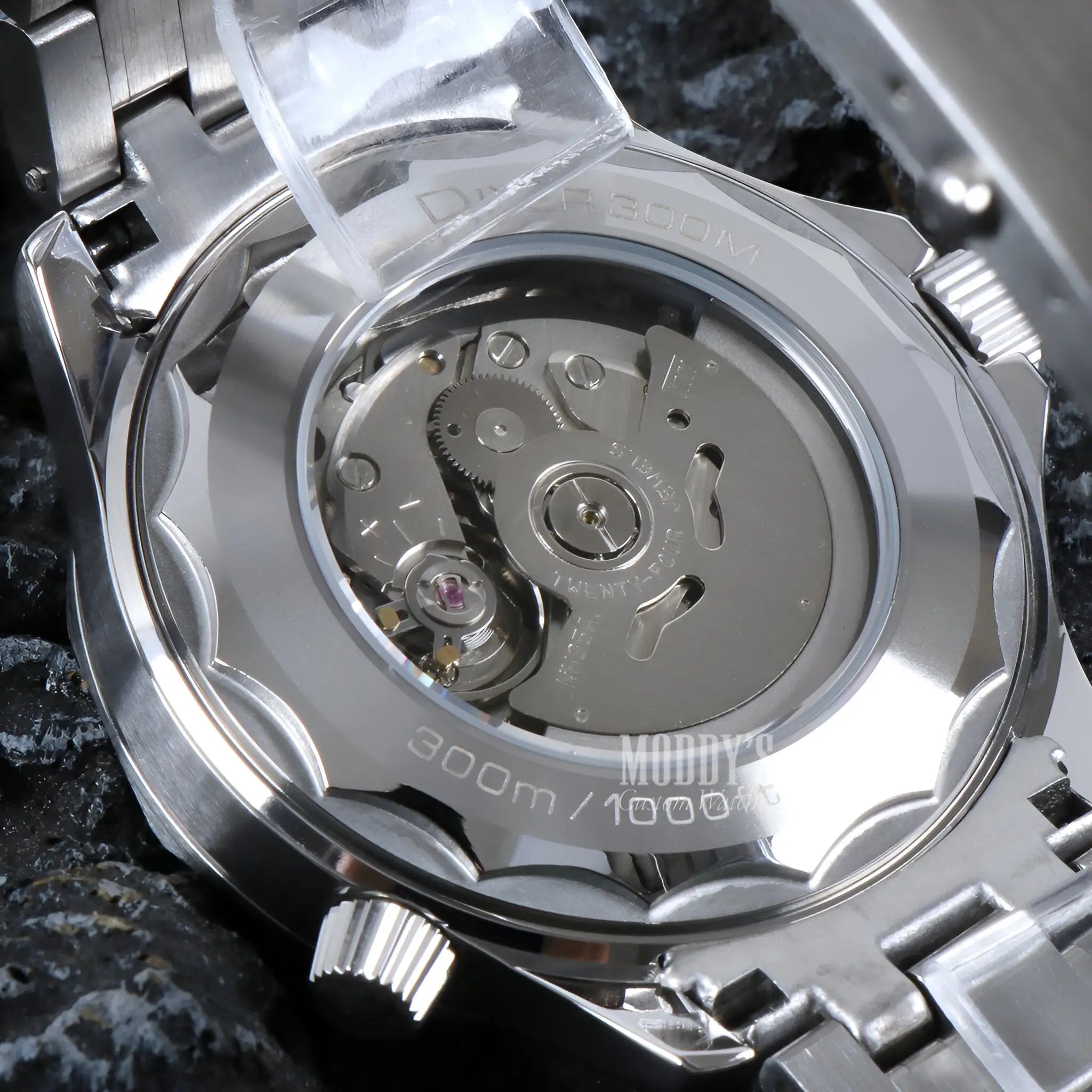 Seiko Mod Seamaster Blue watch with NH35 movement and 300m transparent back