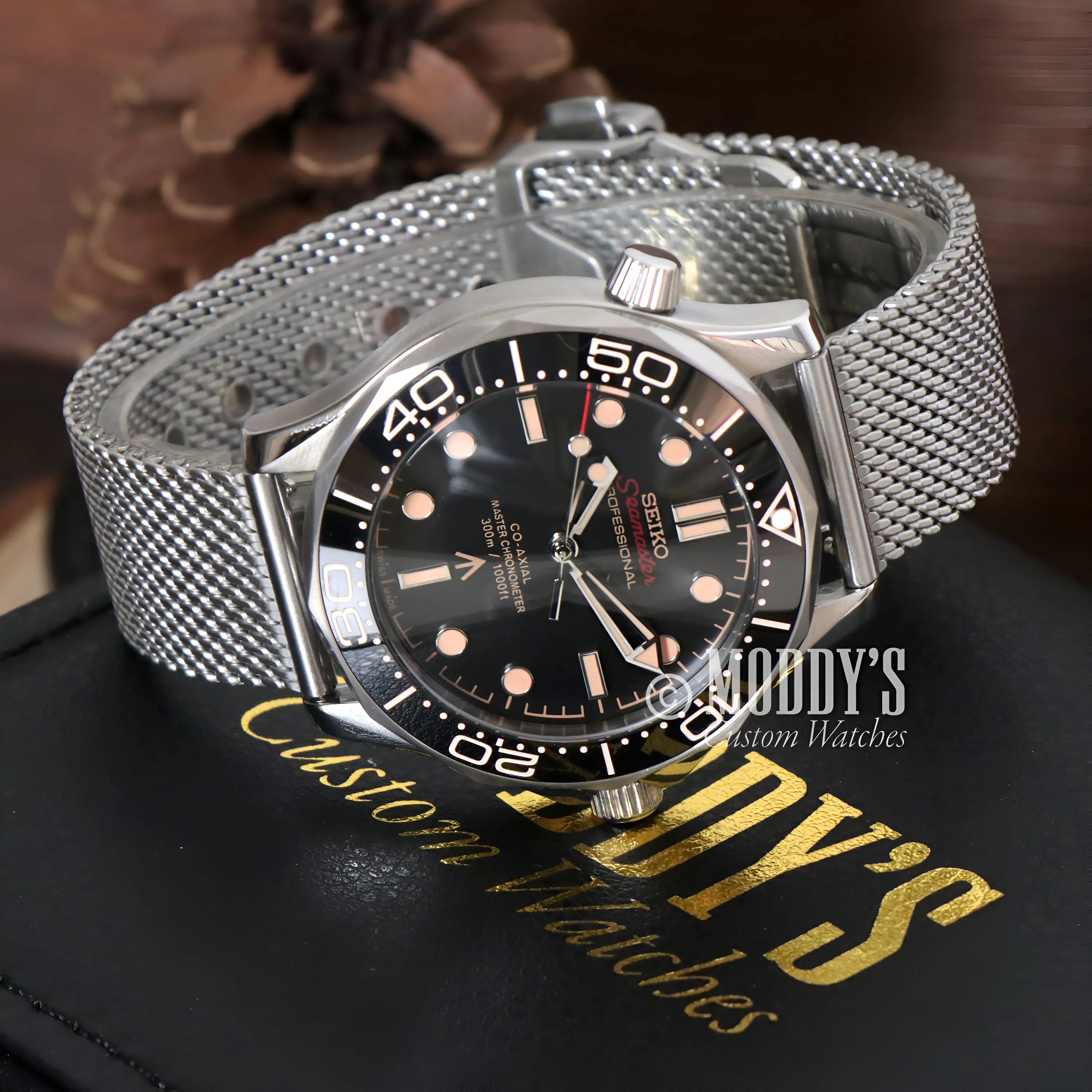 Seiko NH35 automatic mod Seamaster with black dial and luminous hands