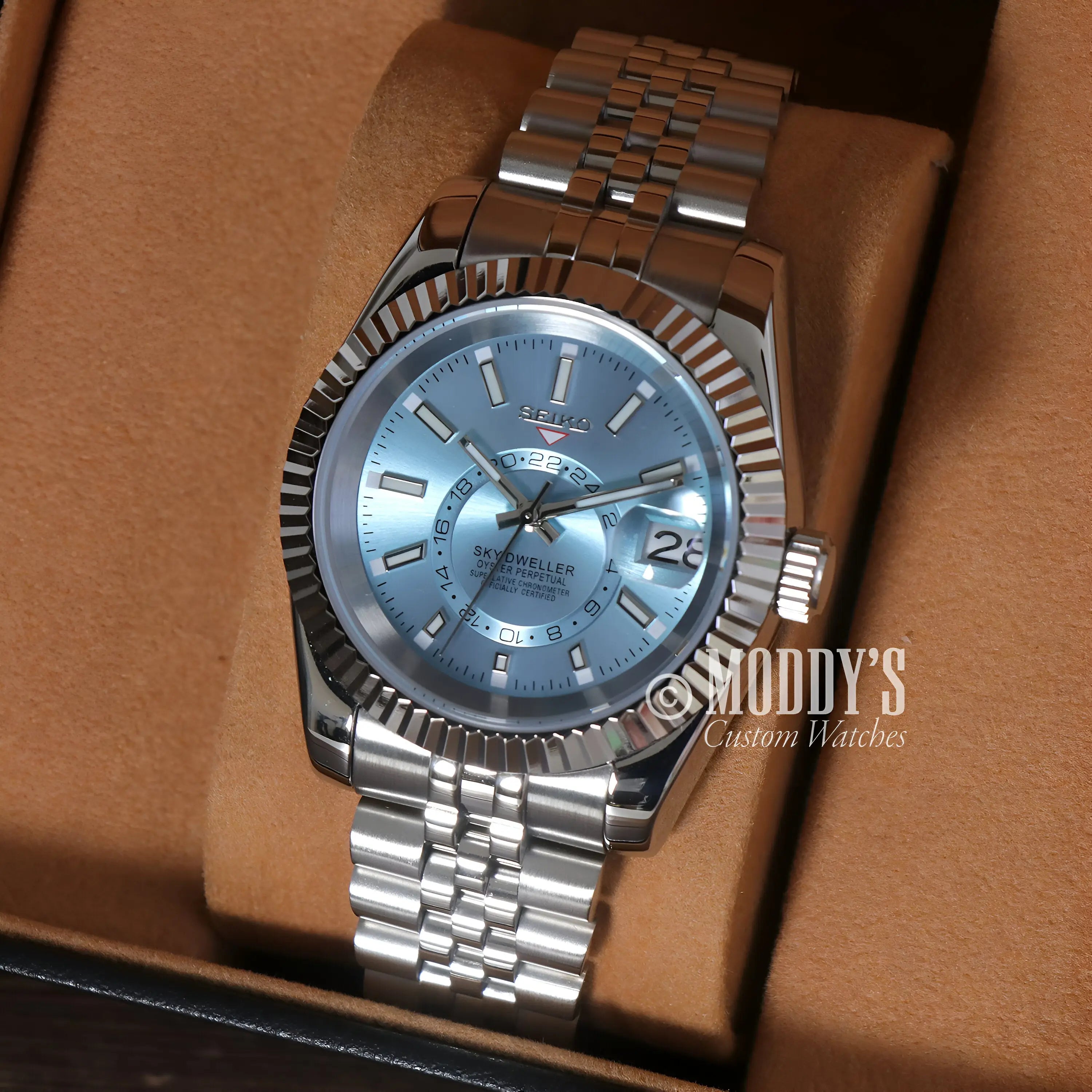 Seikojust Sky Dweller 316L stainless steel watch with ice blue dial