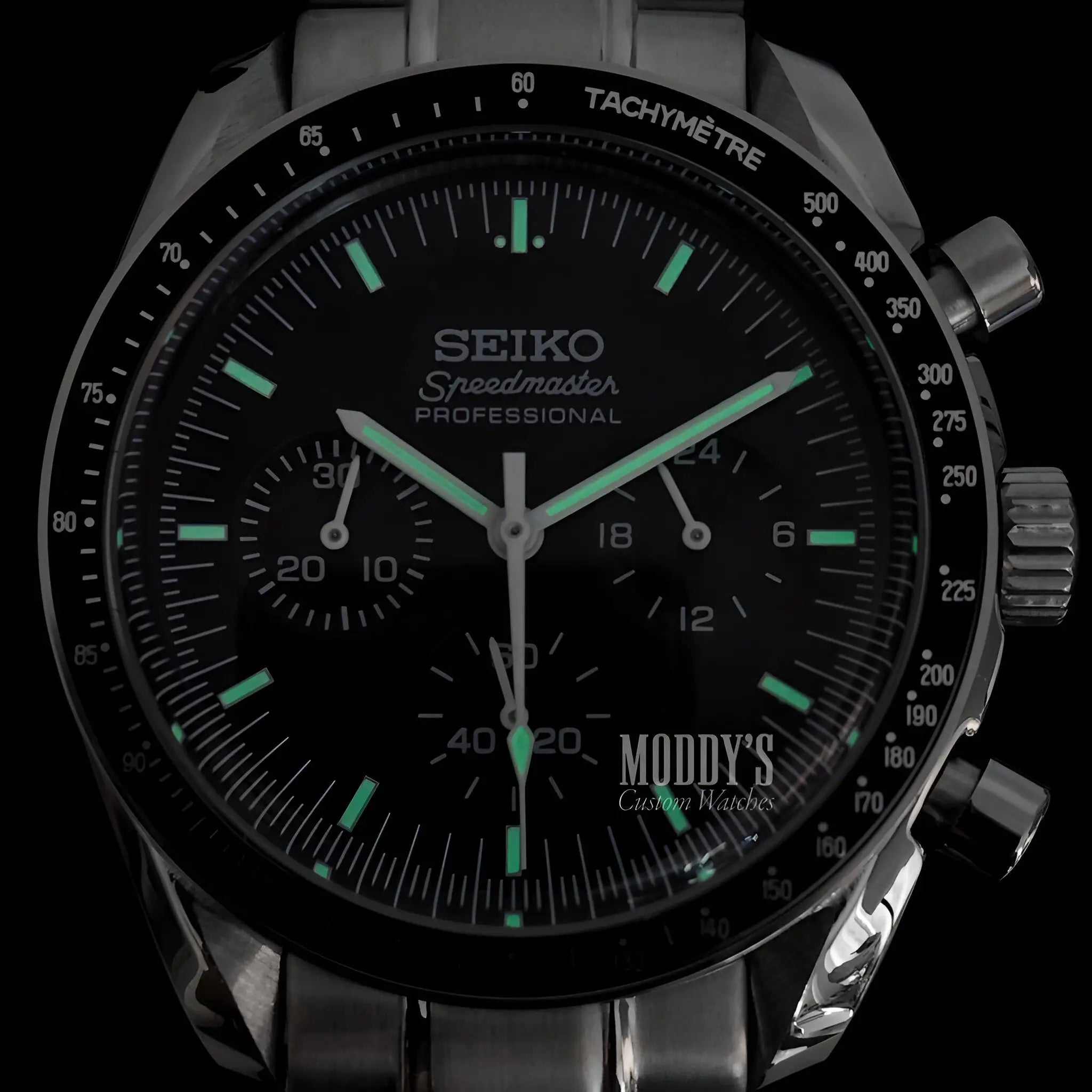 Seiko mod Speedmaster chronograph with black dial and VK63 hybrid movement