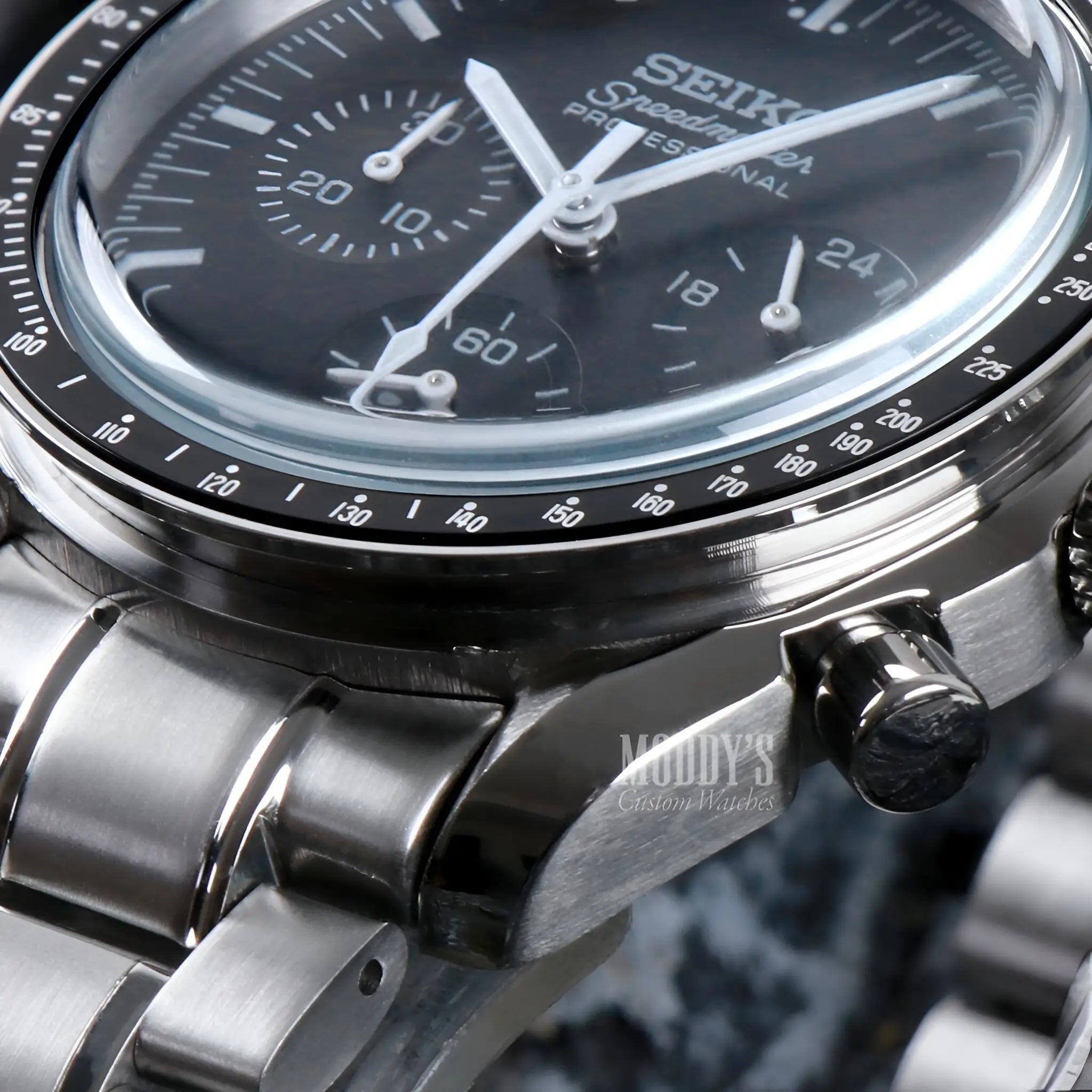 Seiko mod Speedmaster chronograph with black dial and VK63 hybrid movement