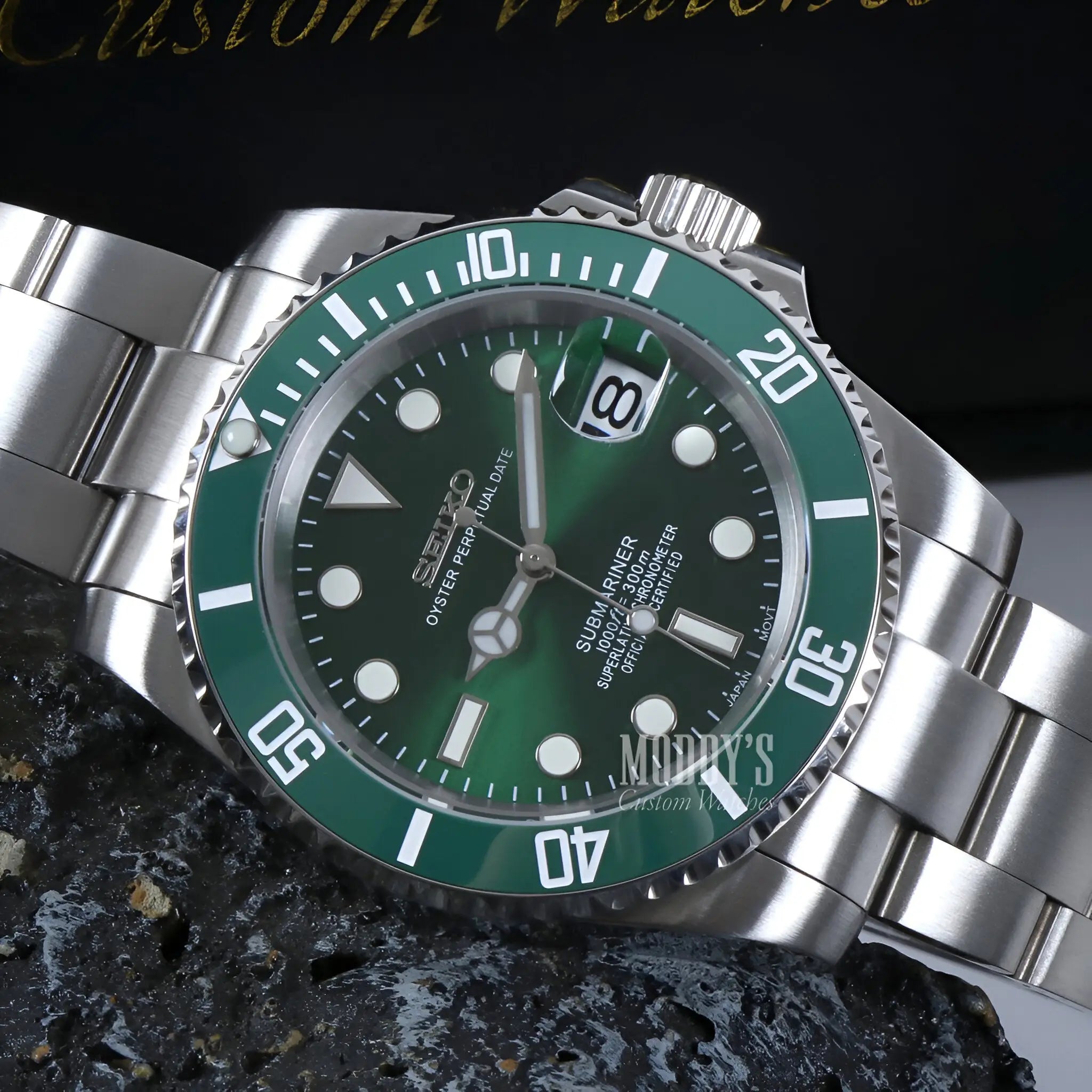 Green Seiko mod Submariner with NH35 automatic diver watch