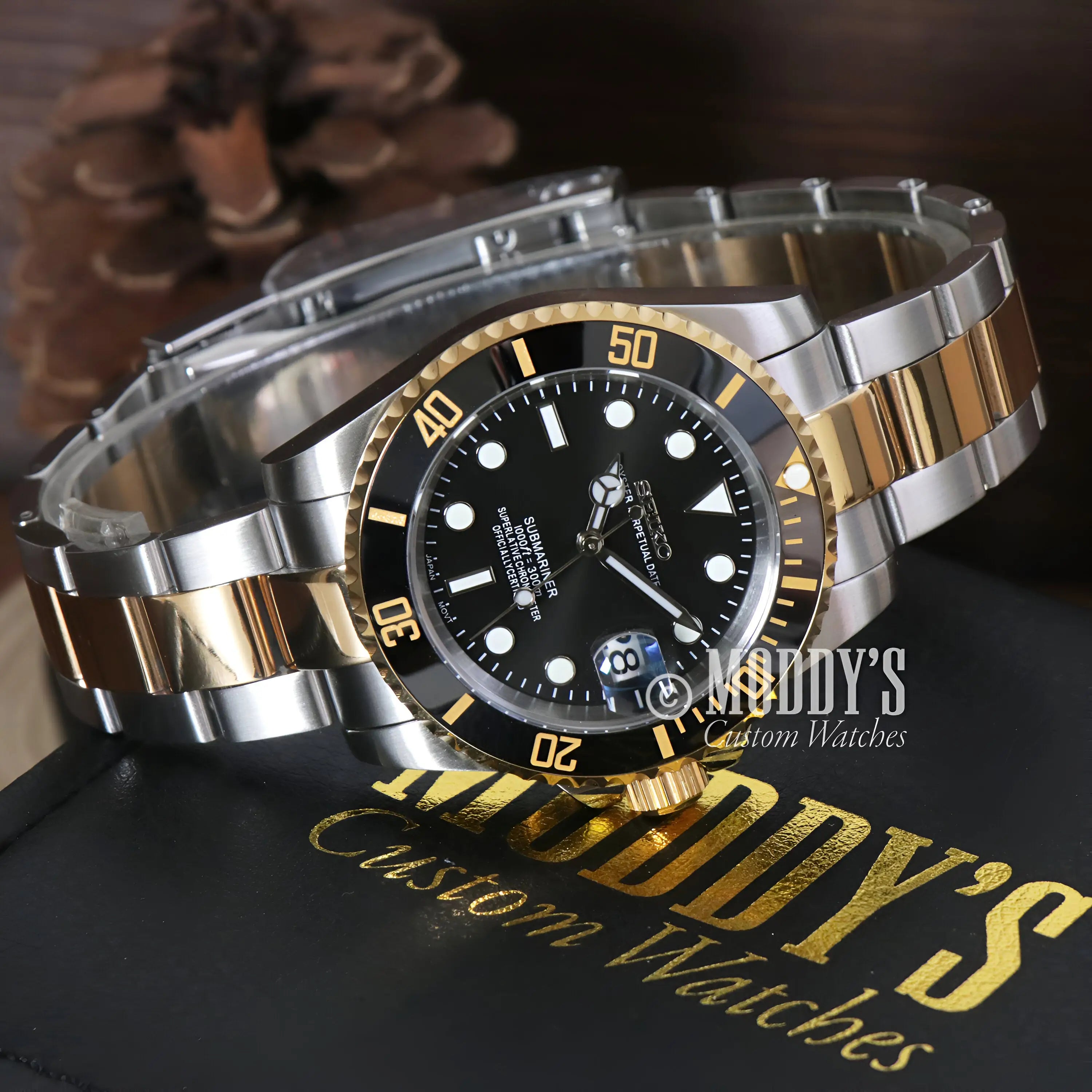 Seiko mod Submariner black dial two-tone watch with NH35 movement