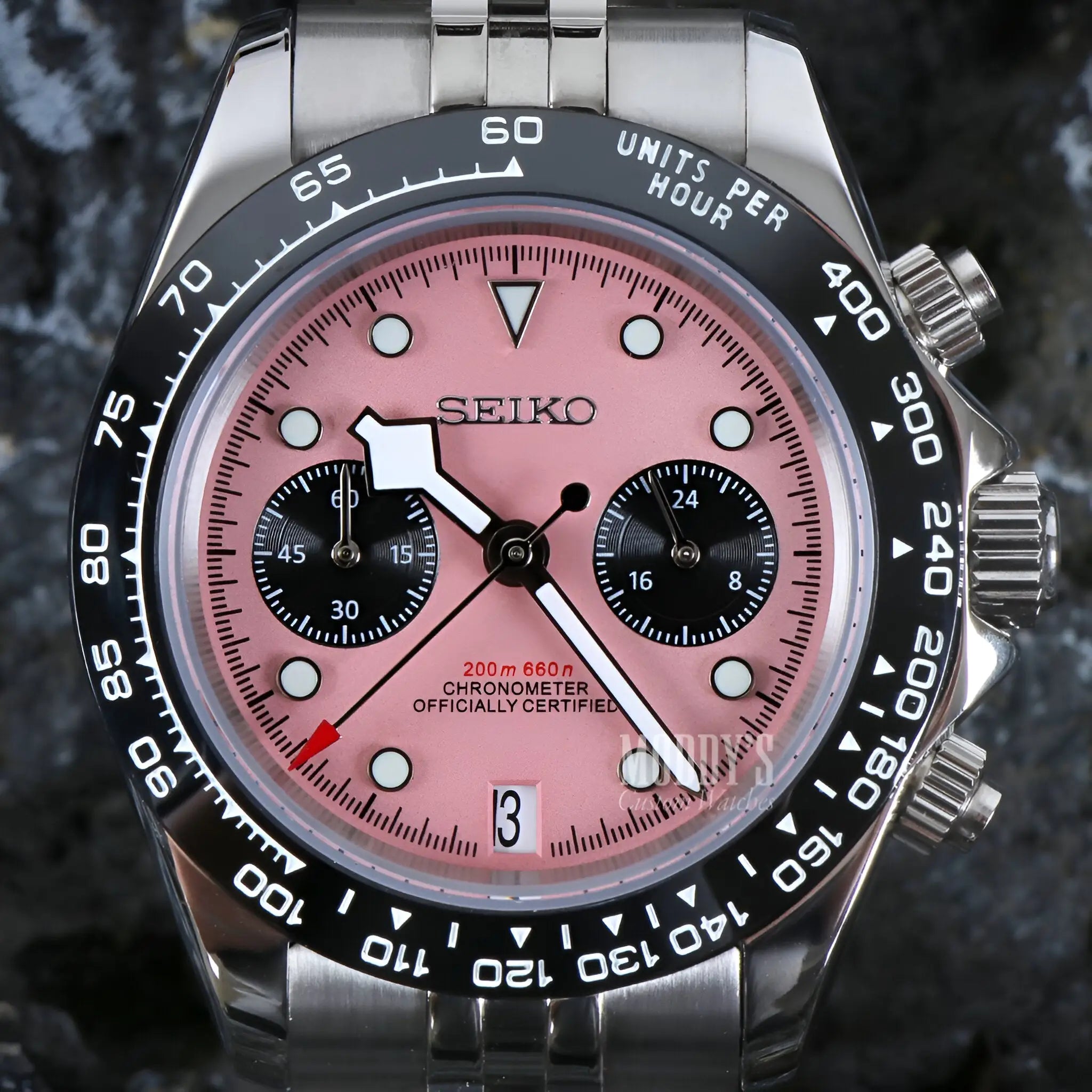 Seiko VK63 hybrid mod chronograph watch with pink face