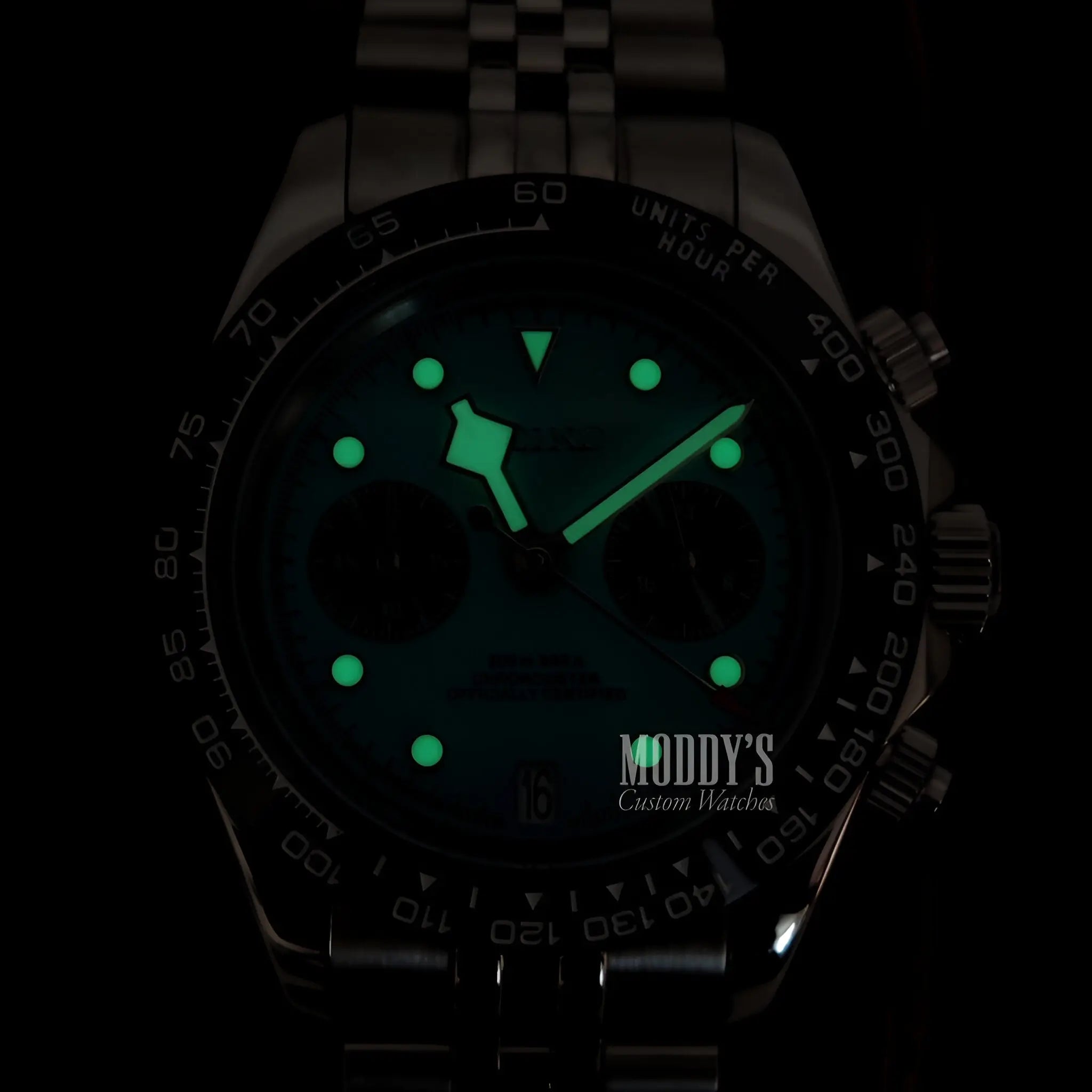 Seiko mod Rolex Submariner with green luminous hands and VK63 hybrid movement