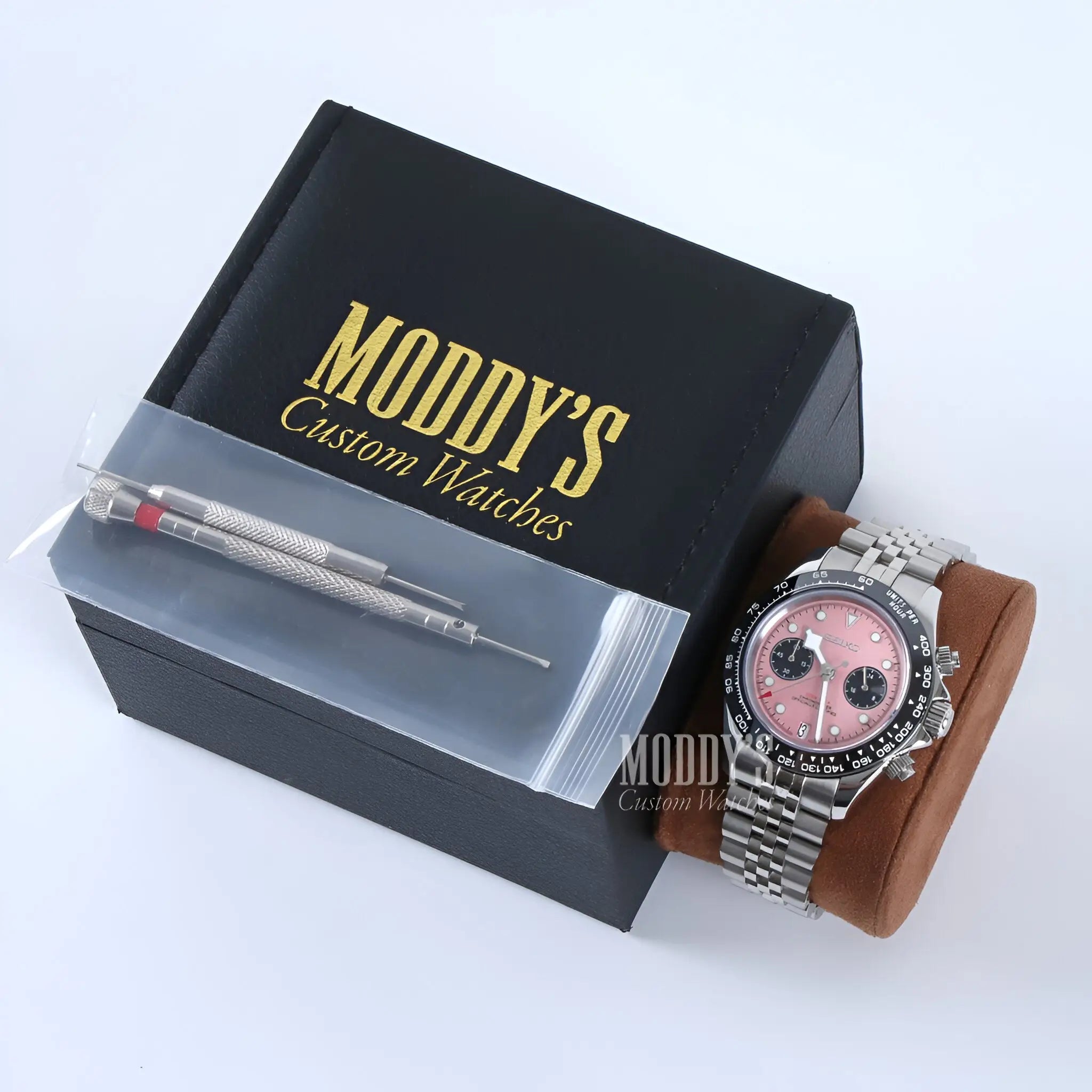 Tudeiko Chrono Pink Seiko VK63 hybrid watch with pink dial