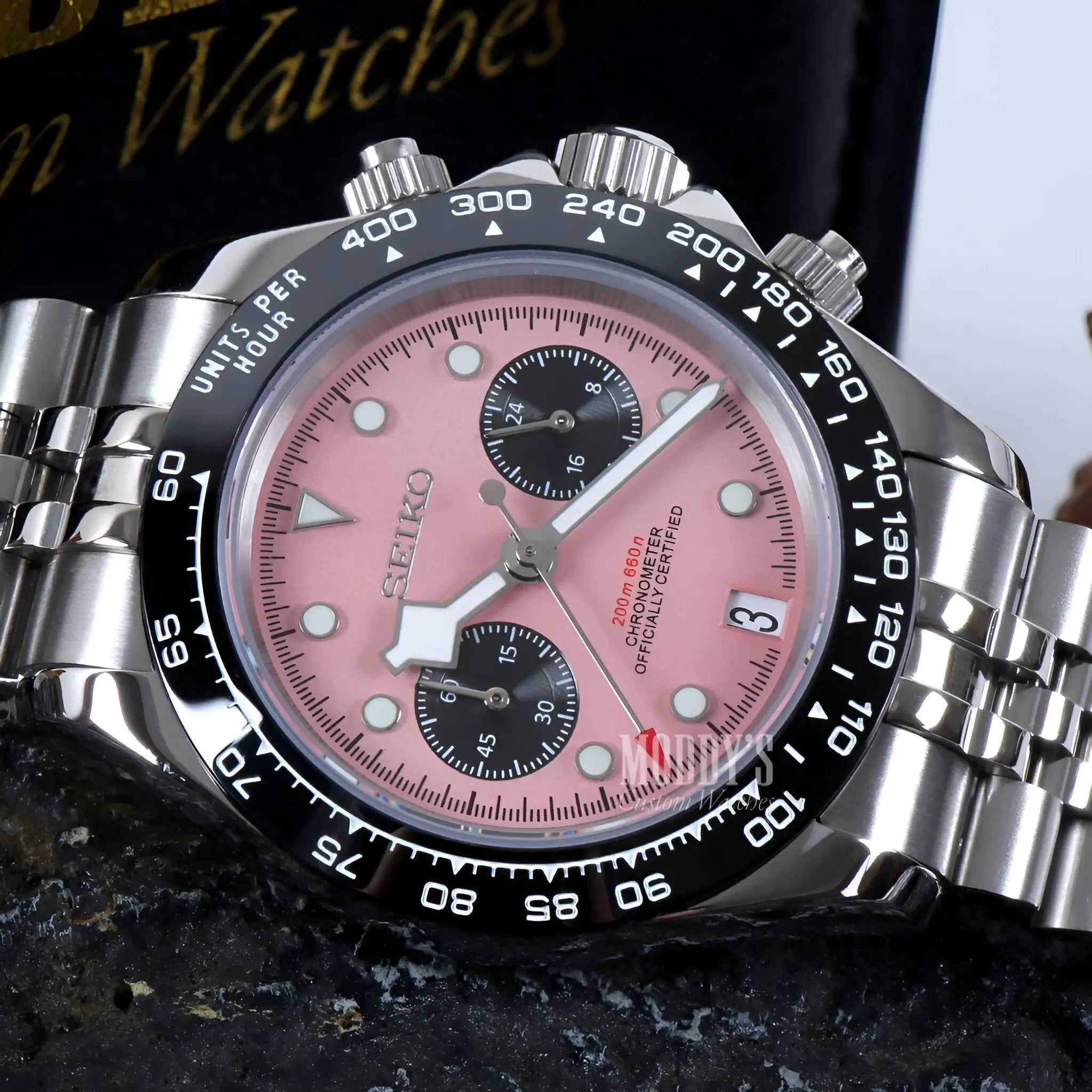 Tudeiko Chrono Pink Seiko VK63 hybrid mod watch with Rolex Daytona design