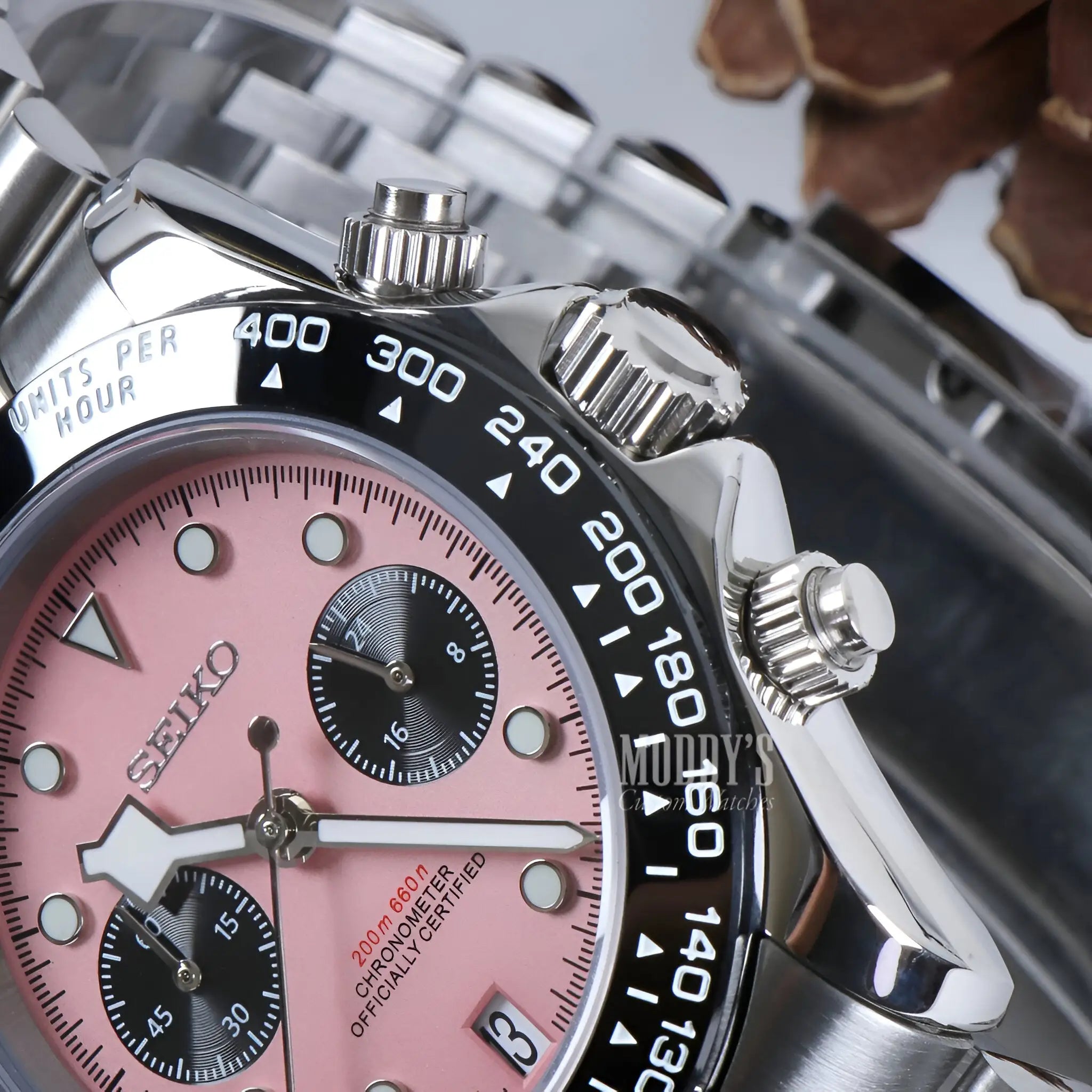 Seiko VK63 hybrid pink chronograph watch with steel case and bracelet