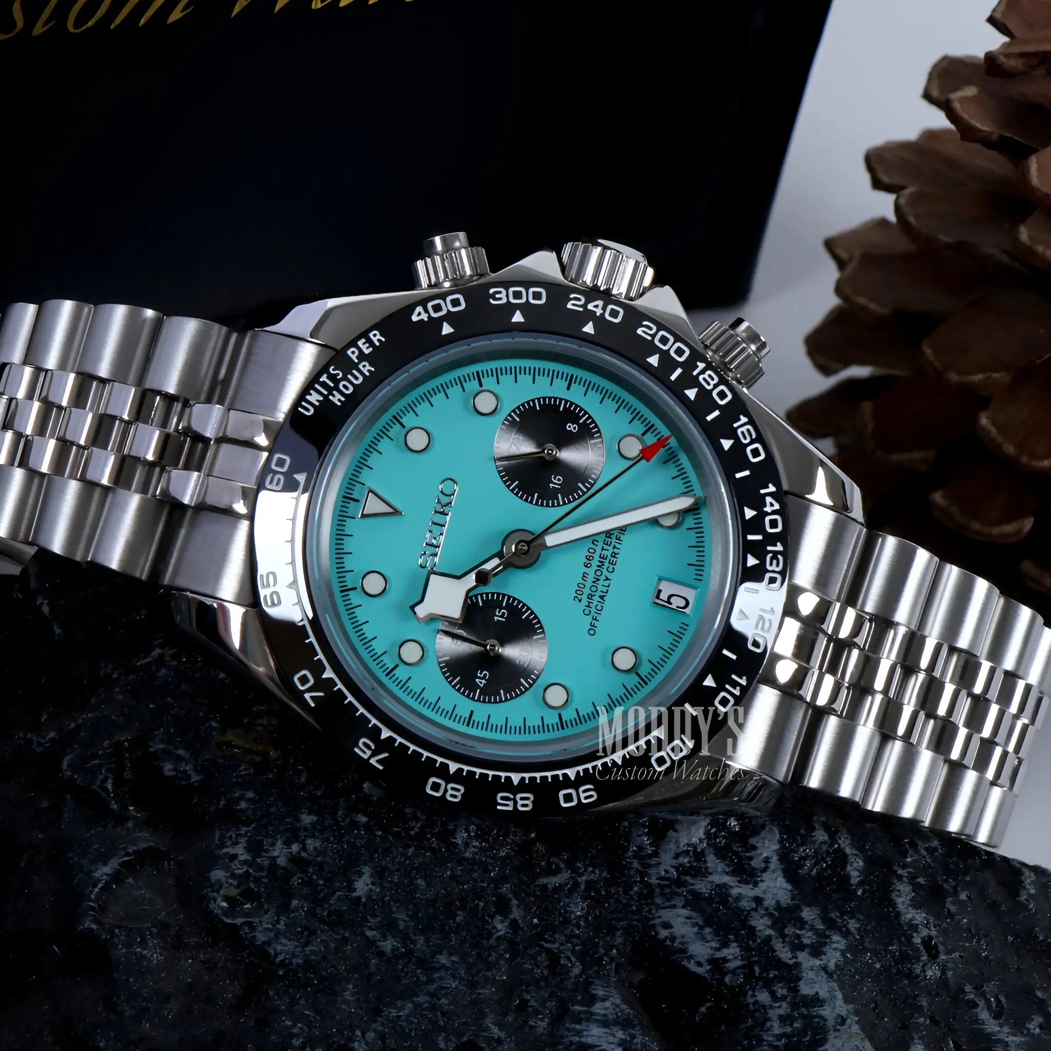 Tudeiko Chrono Blue Rolex Daytona turquoise dial with stainless steel bracelet