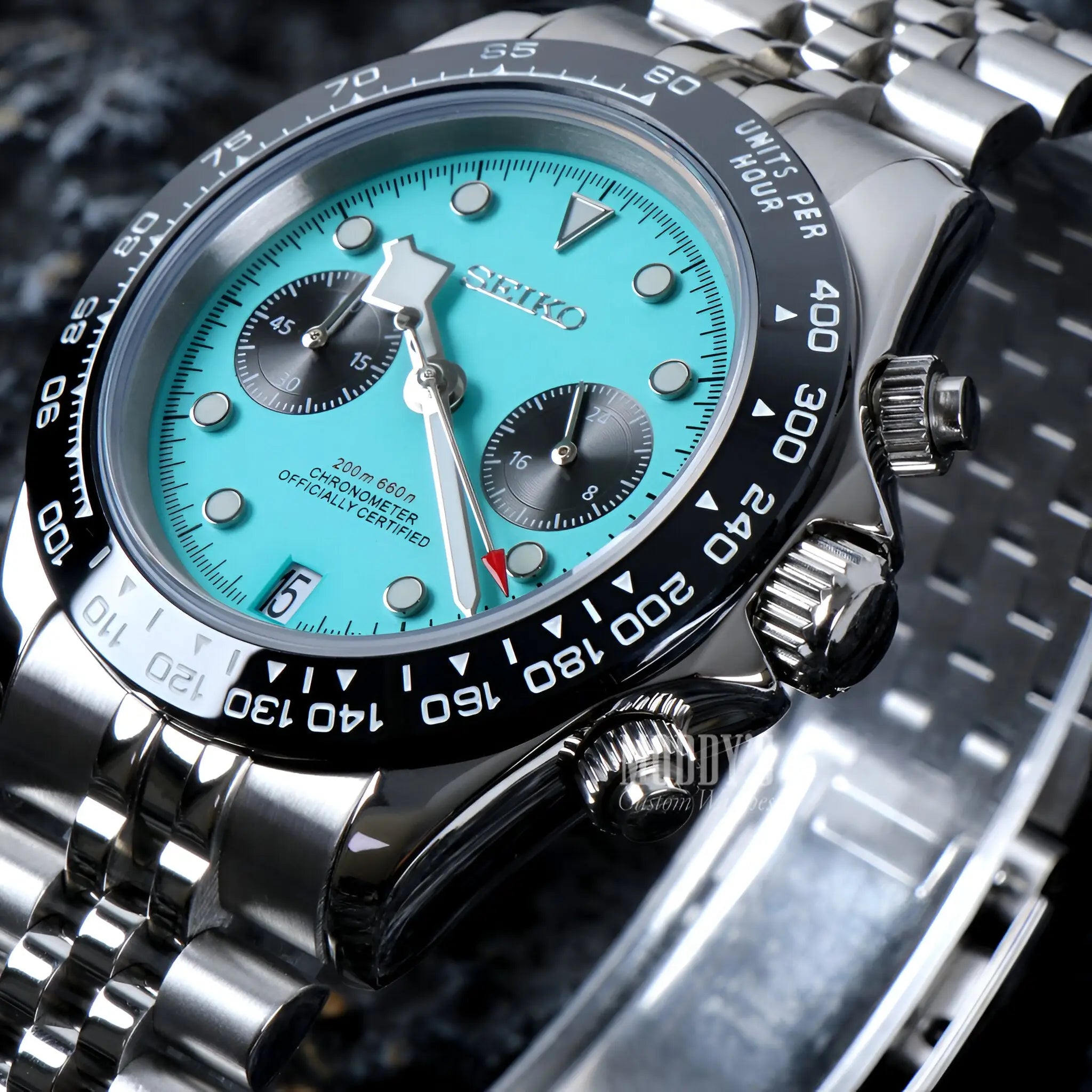 Seiko Chrono Blue chronograph with turquoise dial and VK63 hybrid movement