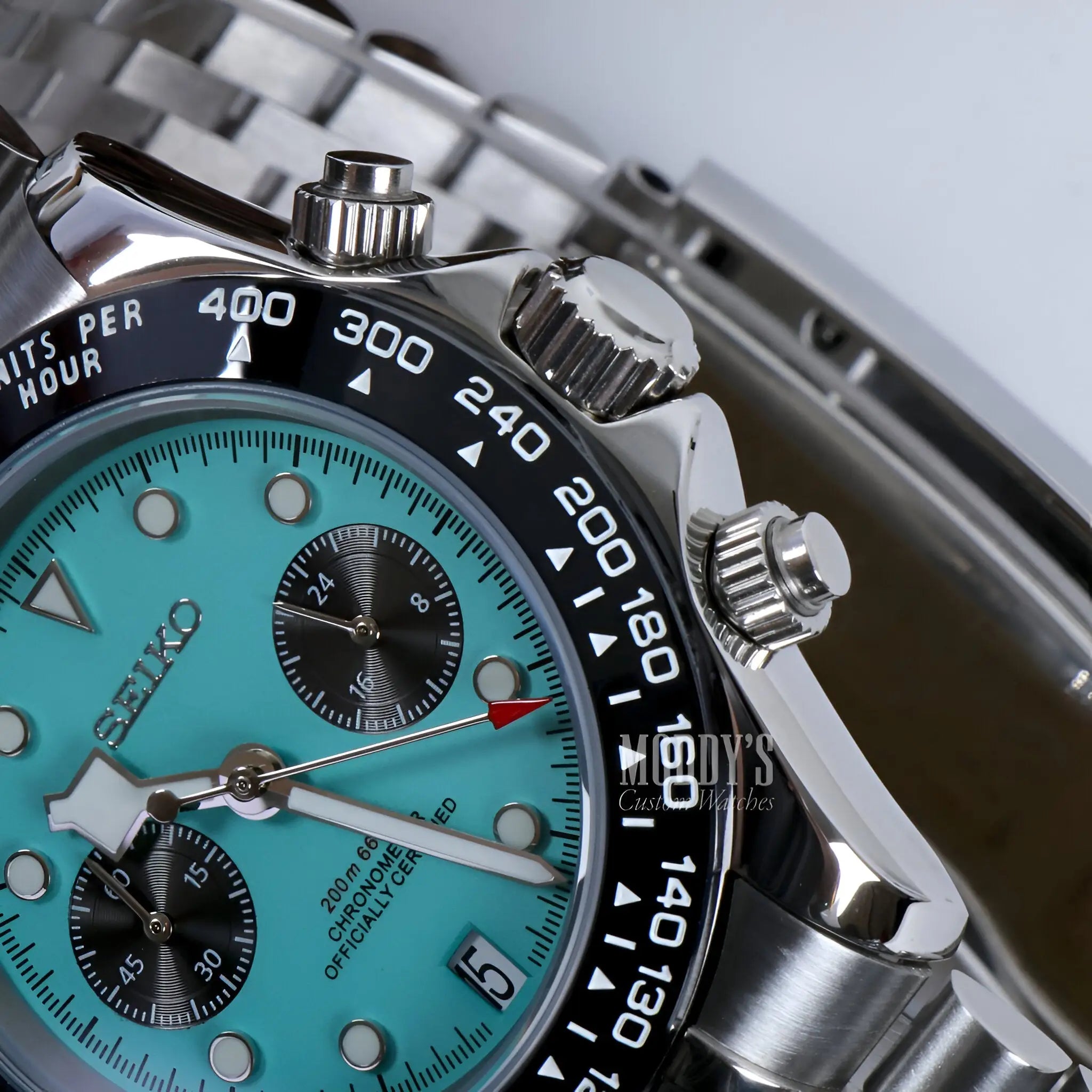 Seiko Chrono Blue watch with turquoise dial and VK63 hybrid movement