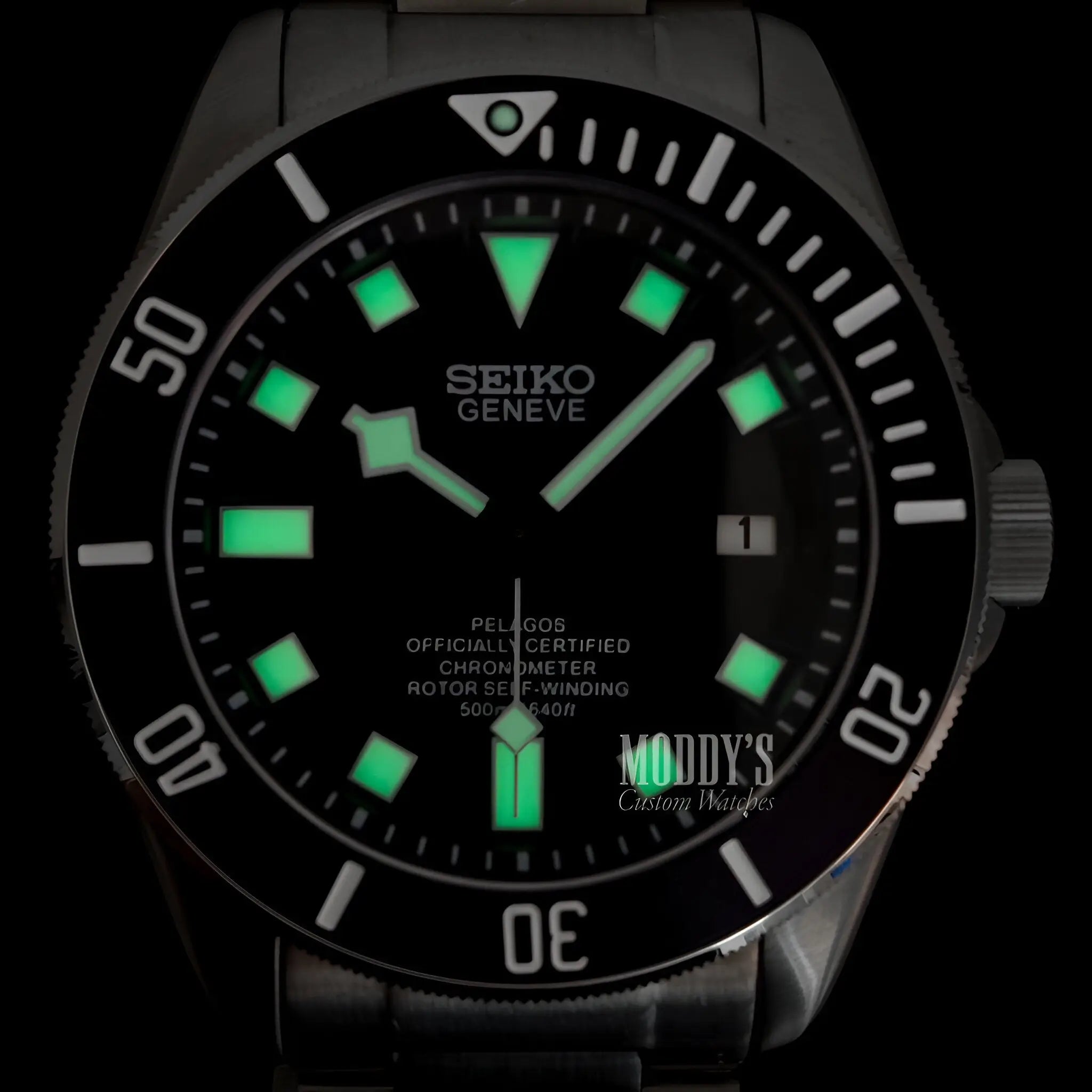 Seiko mod Pelagos Black diver’s watch with green luminous hands