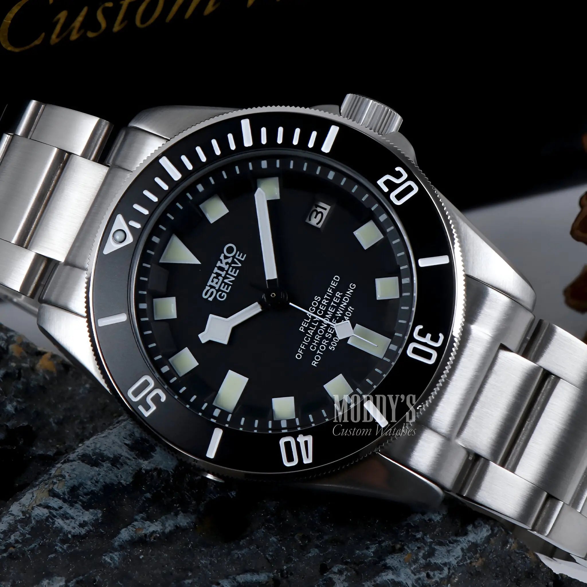 Tudeiko Pelagos Black Seiko mod with NH35 automatic, black dial and silver steel