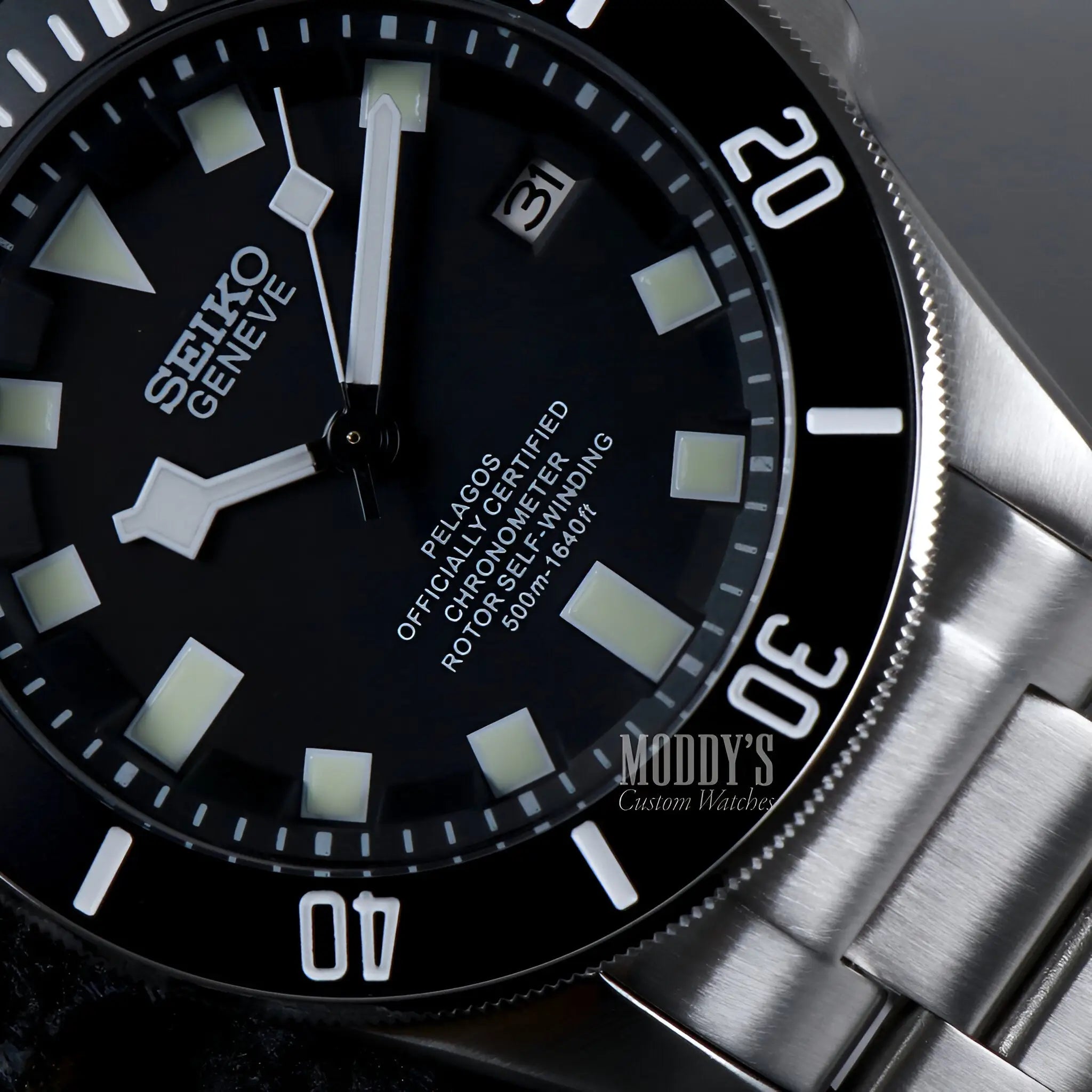 Tudeiko Pelagos Black Seiko mod with NH35 automatic black dial and luminous markers