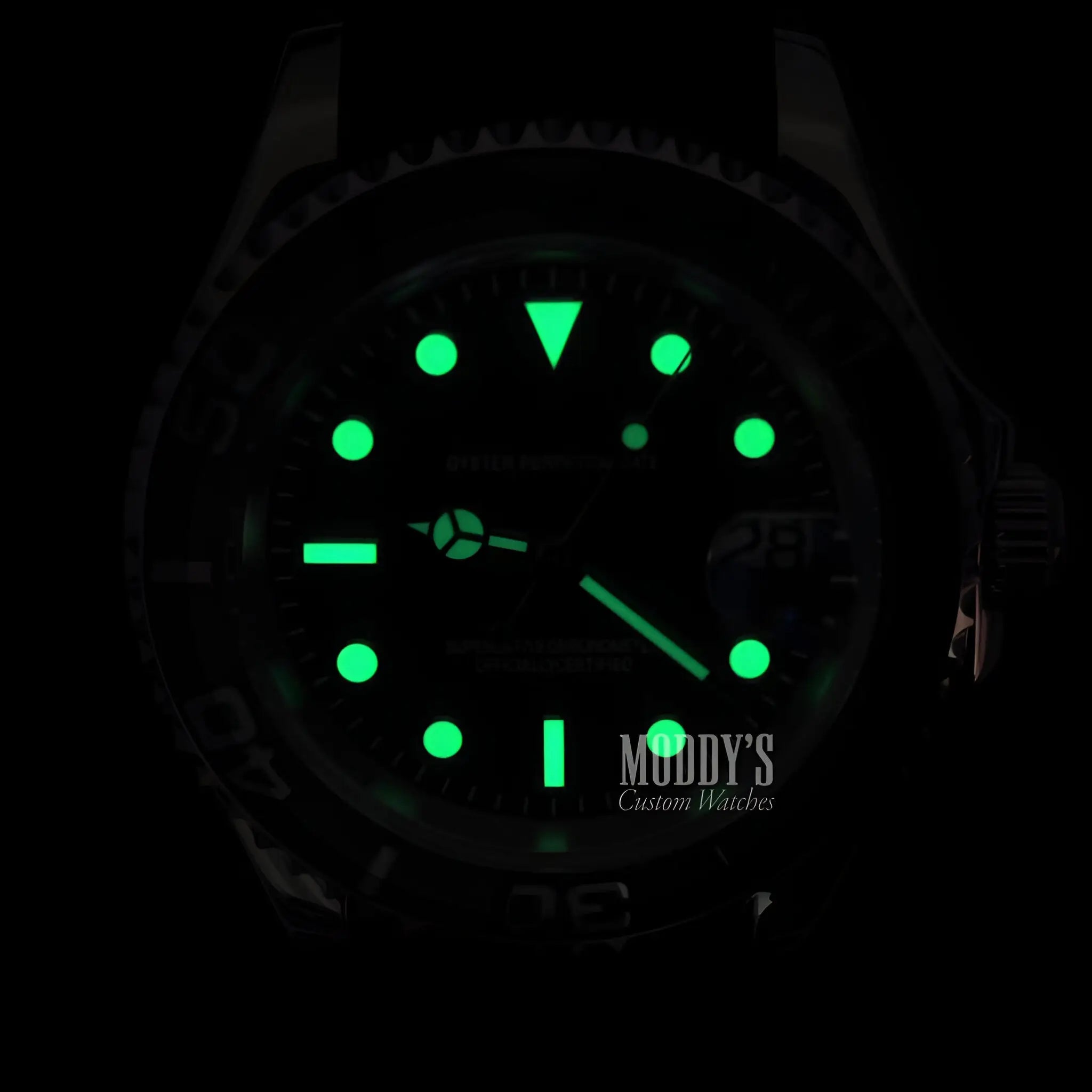 Seiko NH35 automatic luminous green watch with black face and rubber strap