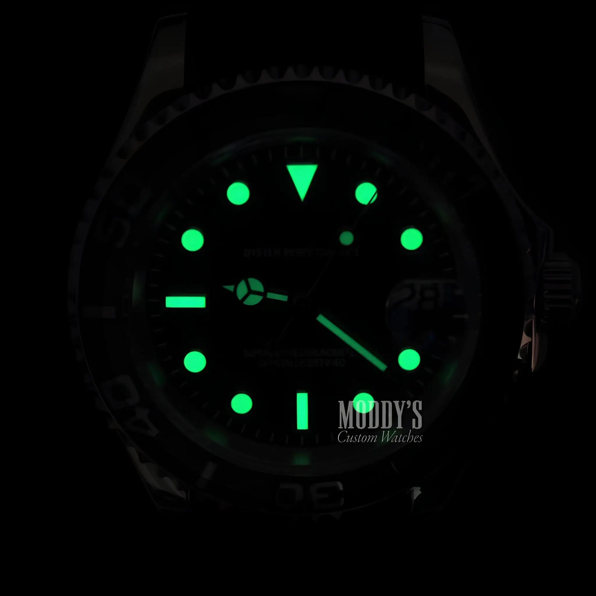 Luminous green Seiko NH35 automatic watch with black face and strap