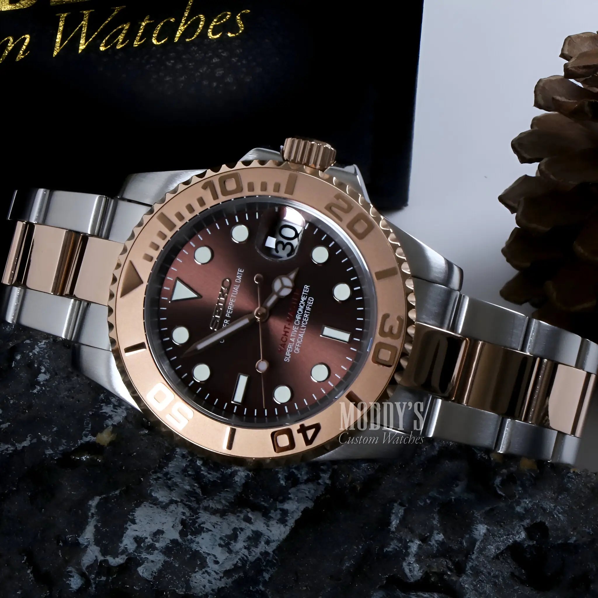 Seiko NH35 automatic two-tone gold silver watch with brown dial