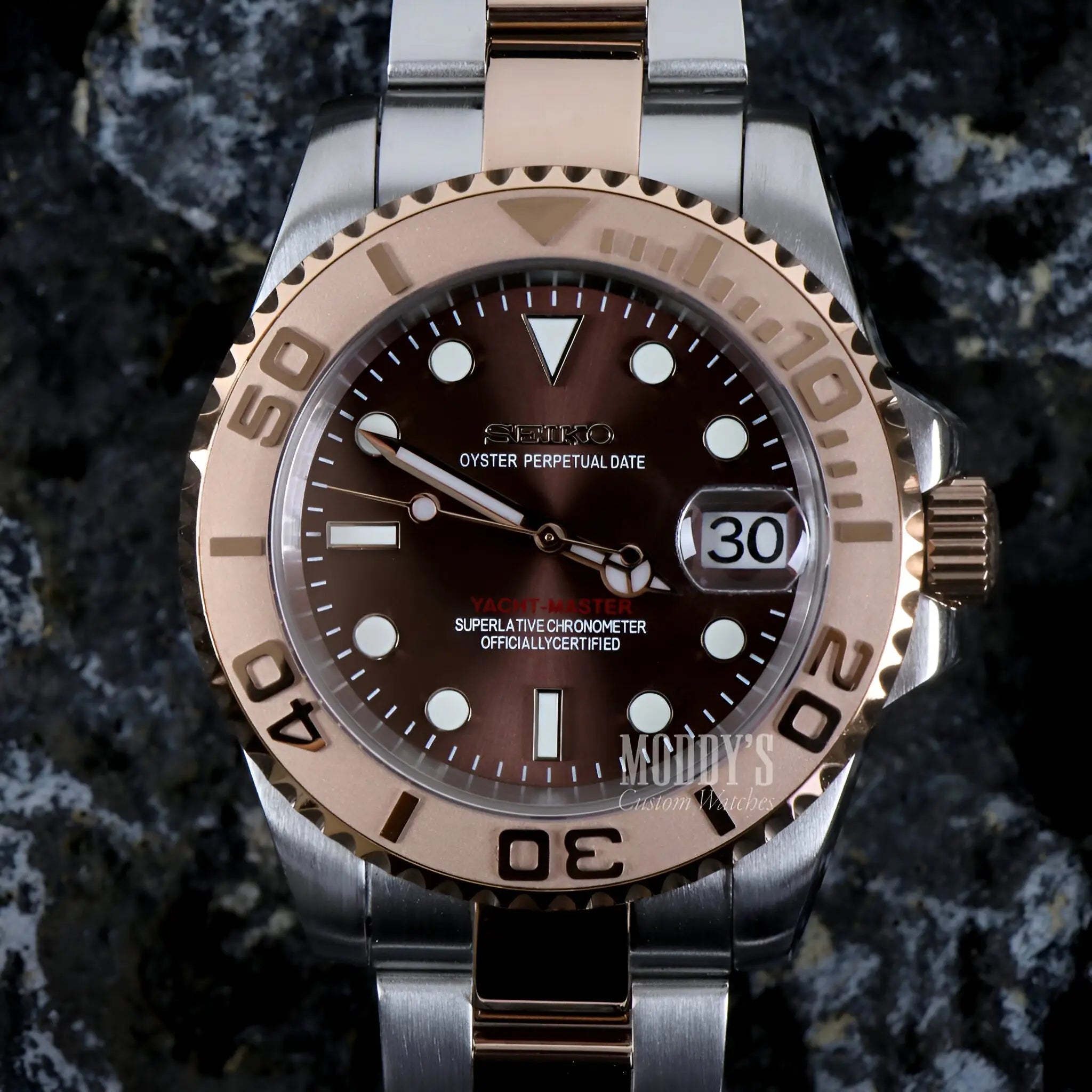 Seiko NH35 automatic rose gold watch with brown dial and 316L stainless steel