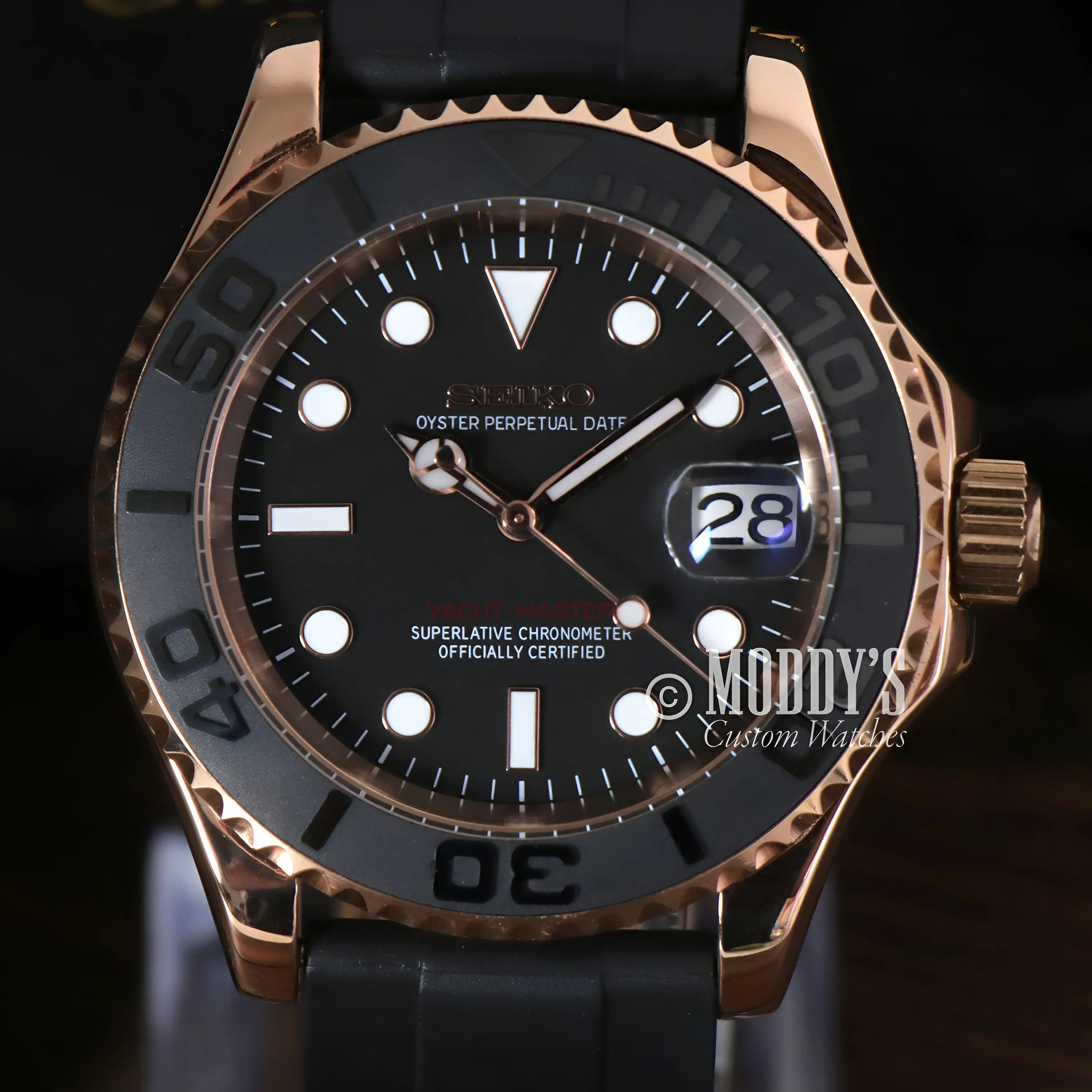 Seiko mod yacht-master rose gold black diver watch with date, rubber strap