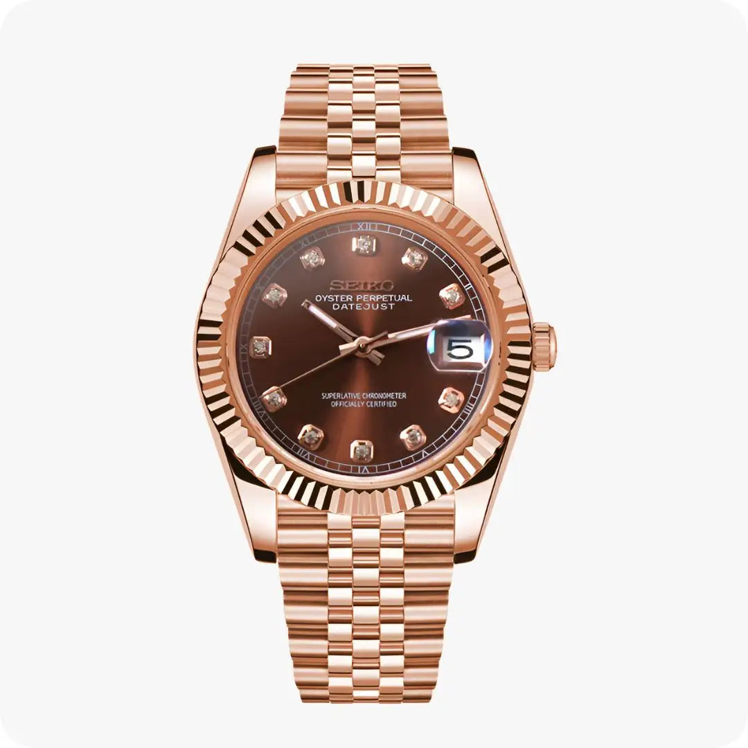 Seiko NH35 automatic mod Datejust rose gold watch with brown dial
