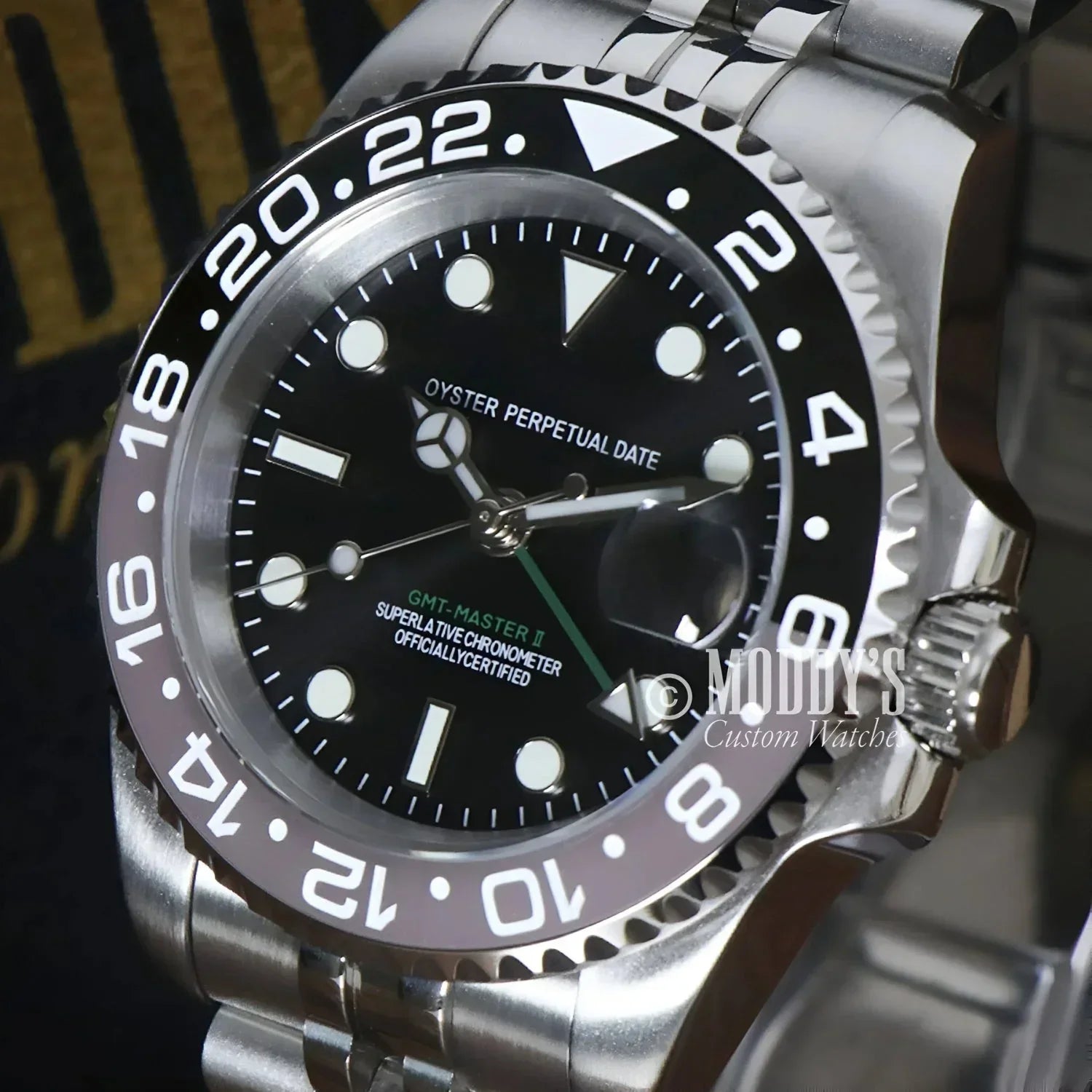 Stainless steel Rolex GMT-Master II watch in GMTeiko Bruce Wayne with NH34 automatic movement
