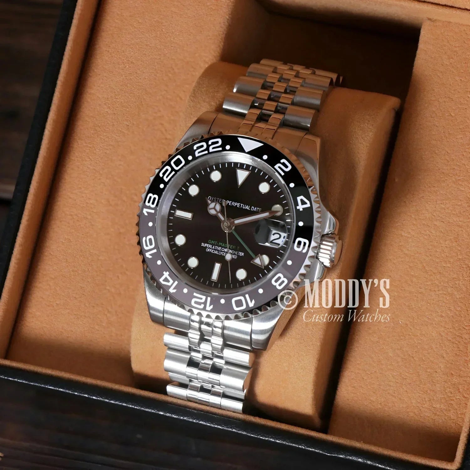 Silver Rolex GMT-Master II watch from GMTeiko Bruce Wayne featuring NH34 automatic movement