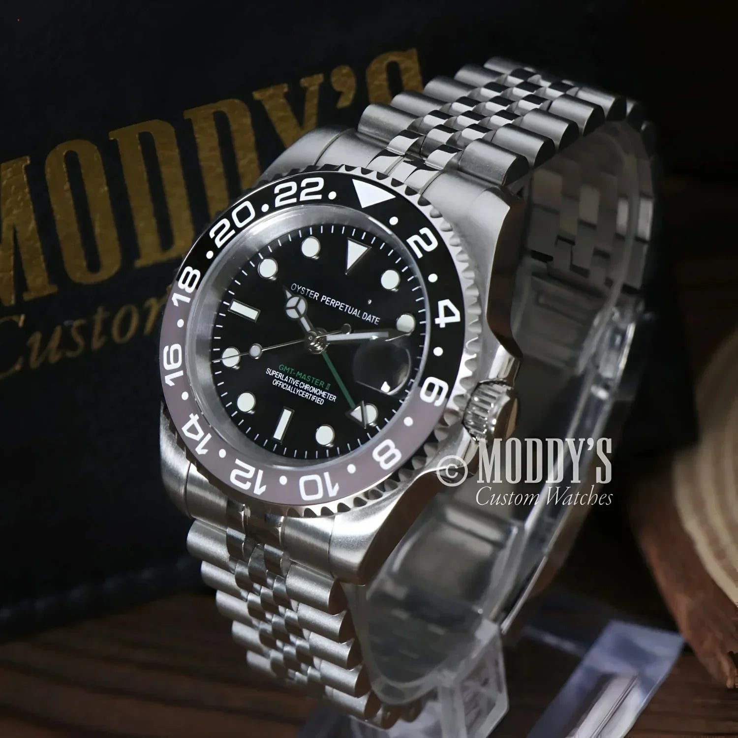 Silver Rolex GMT-Master II watch in GMTeiko Bruce Wayne with NH34 automatic movement