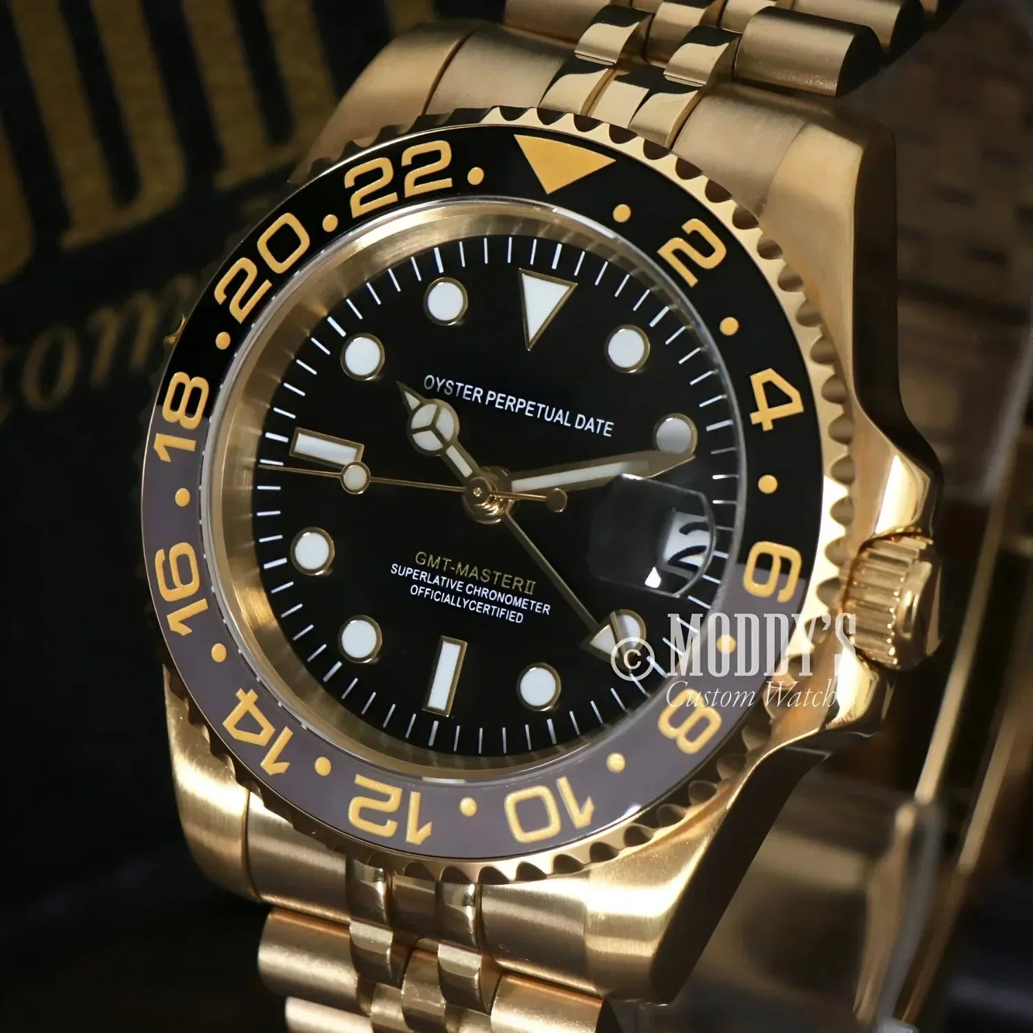 Gold Rolex GMT-Master II watch from GMTeiko featuring NH34 automatic movement