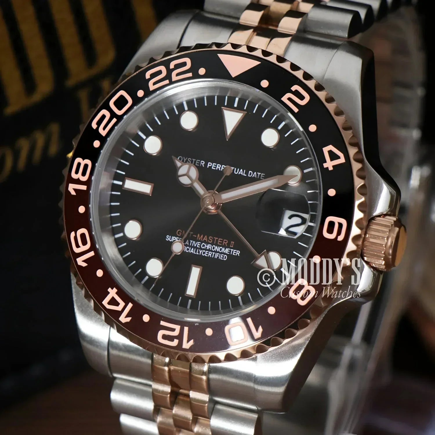 Two-tone Rolex GMT-Master II watch in GMTeiko Rootbeer with Seiko NH34 automatic movement