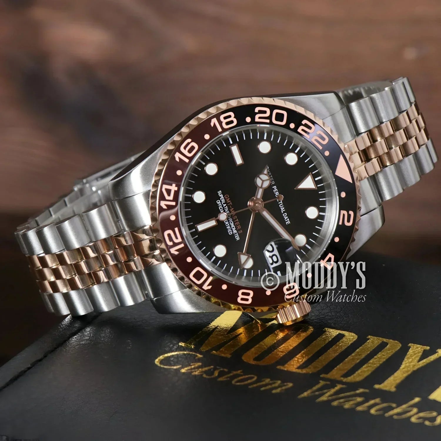 Two-tone Rolex GMT-Master II watch in GMTeiko Rootbeer with Seiko NH34 automatic movement
