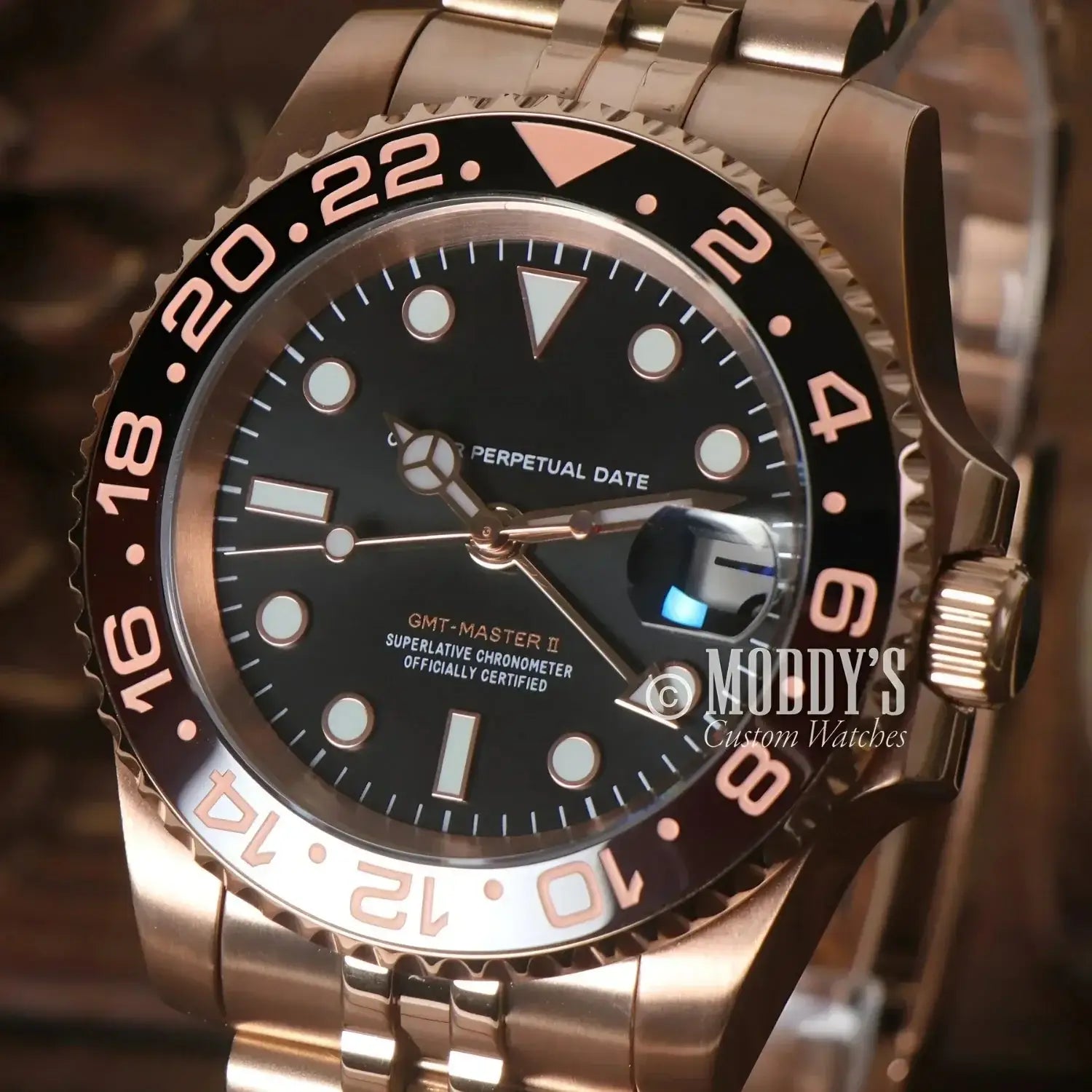 Rose Gold GMT-Master II watch, GMTeiko, featuring Seiko NH34 automatic movement
