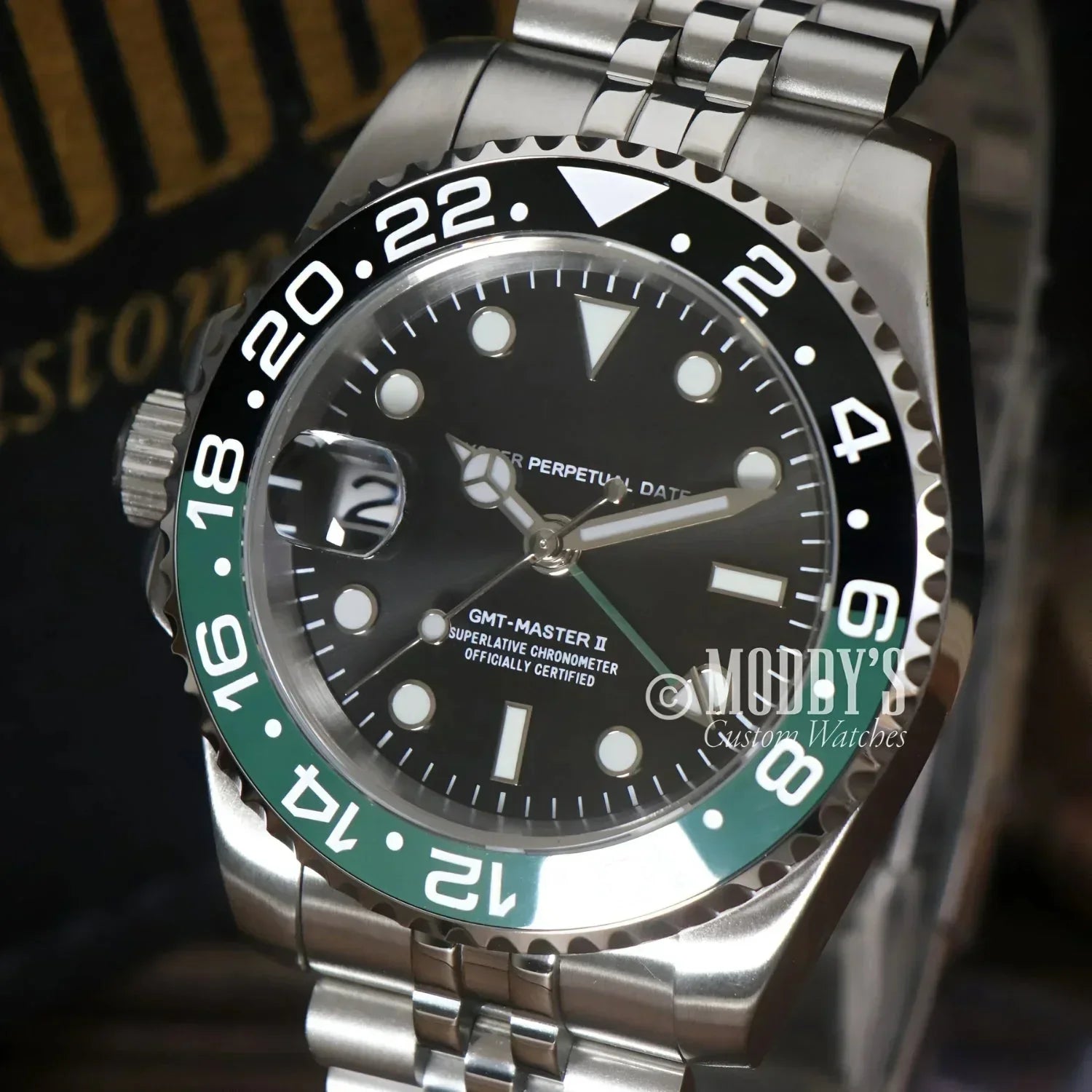 Stainless Steel GMT-Master II Watch with Black and Green Bezel, Seiko NH34 Automatic Movement
