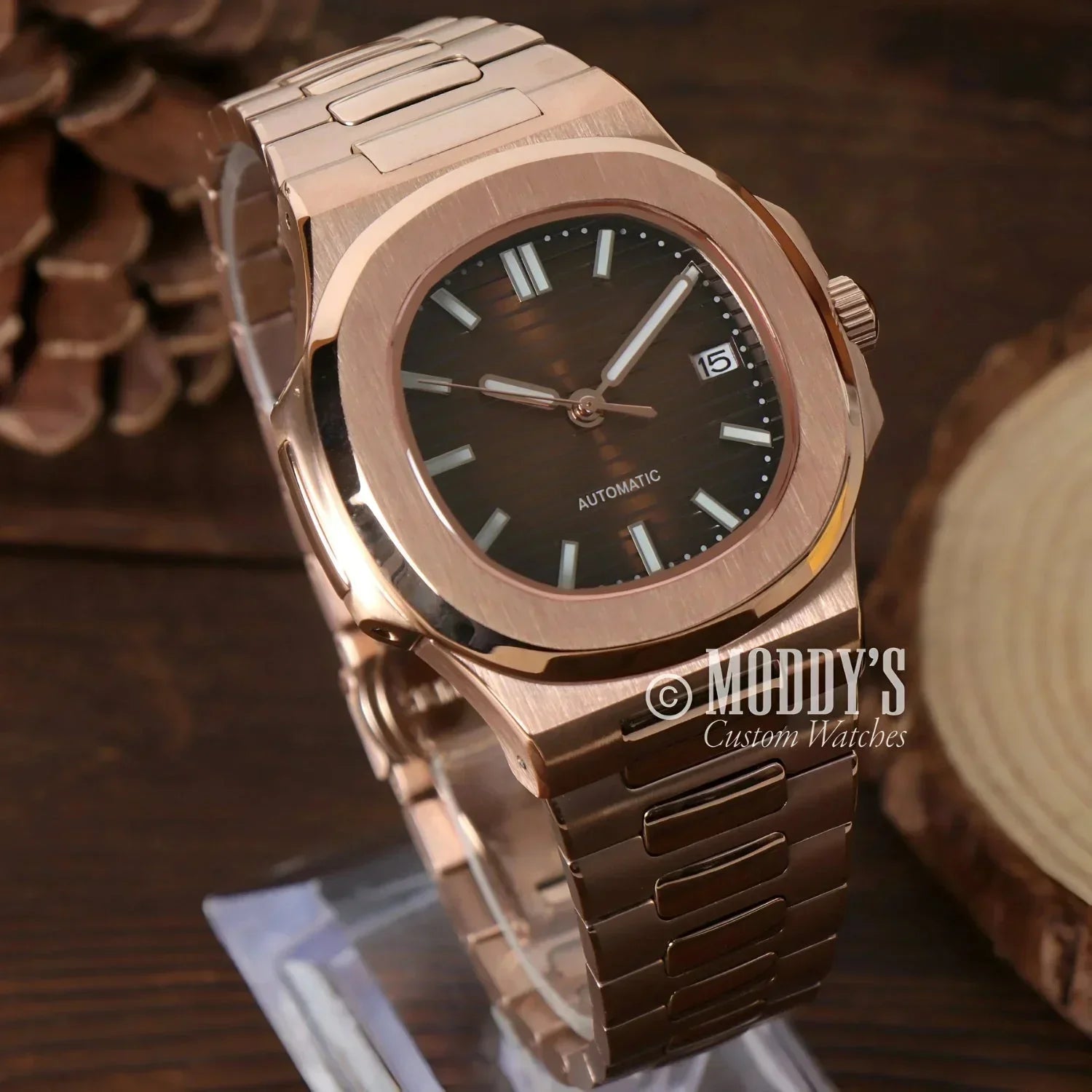 Rose gold automatic wristwatch Nautiko | Rose Gold Brown with NH35 movement and 904L stainless steel
