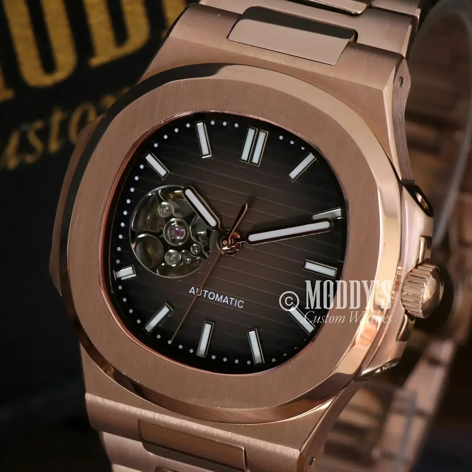 Rose gold chocolate automatic wristwatch Nautiko with 904L stainless steel design