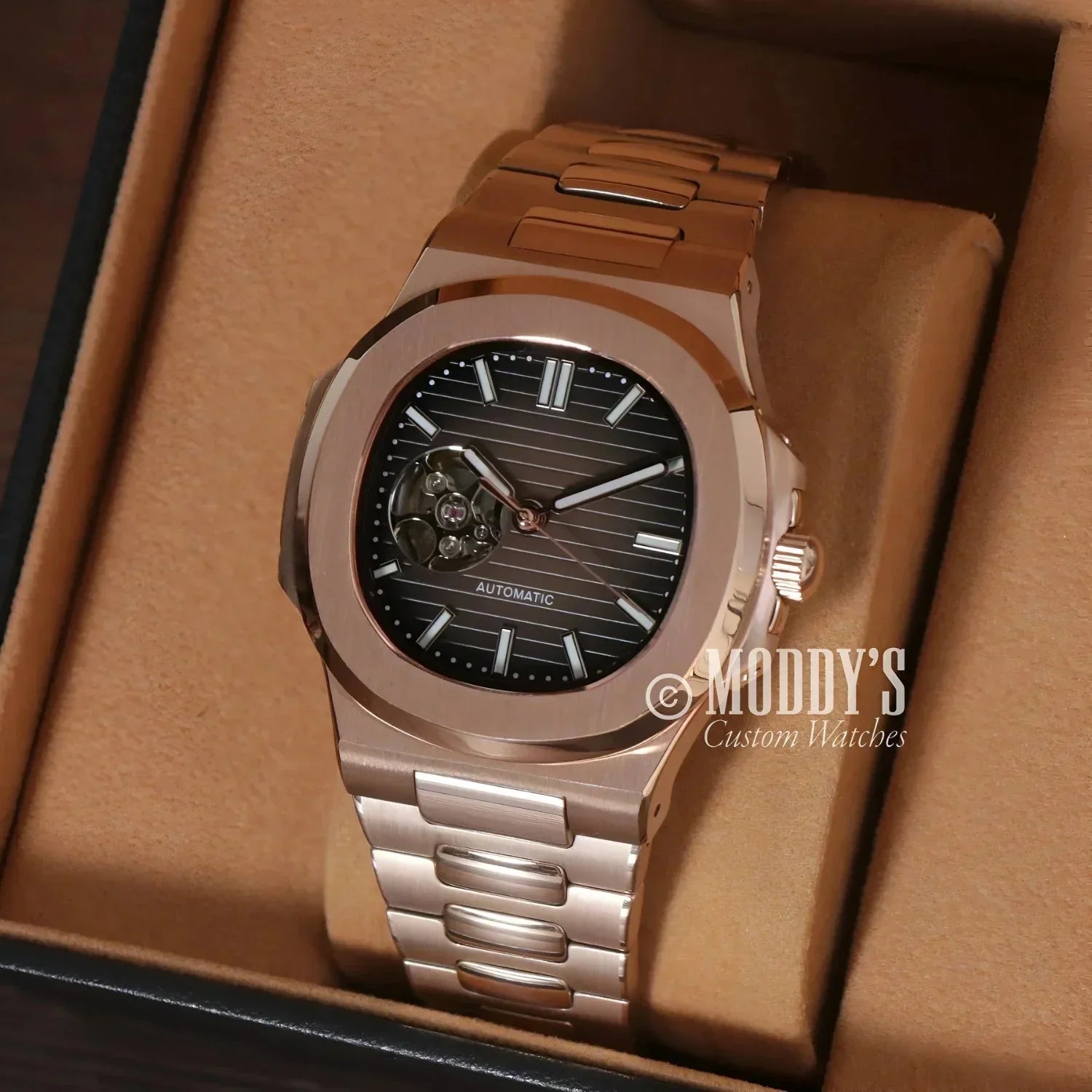 Rose Gold Automatic Wristwatch Nautiko Rose Gold Chocolate Open Heart in 904L Stainless Steel