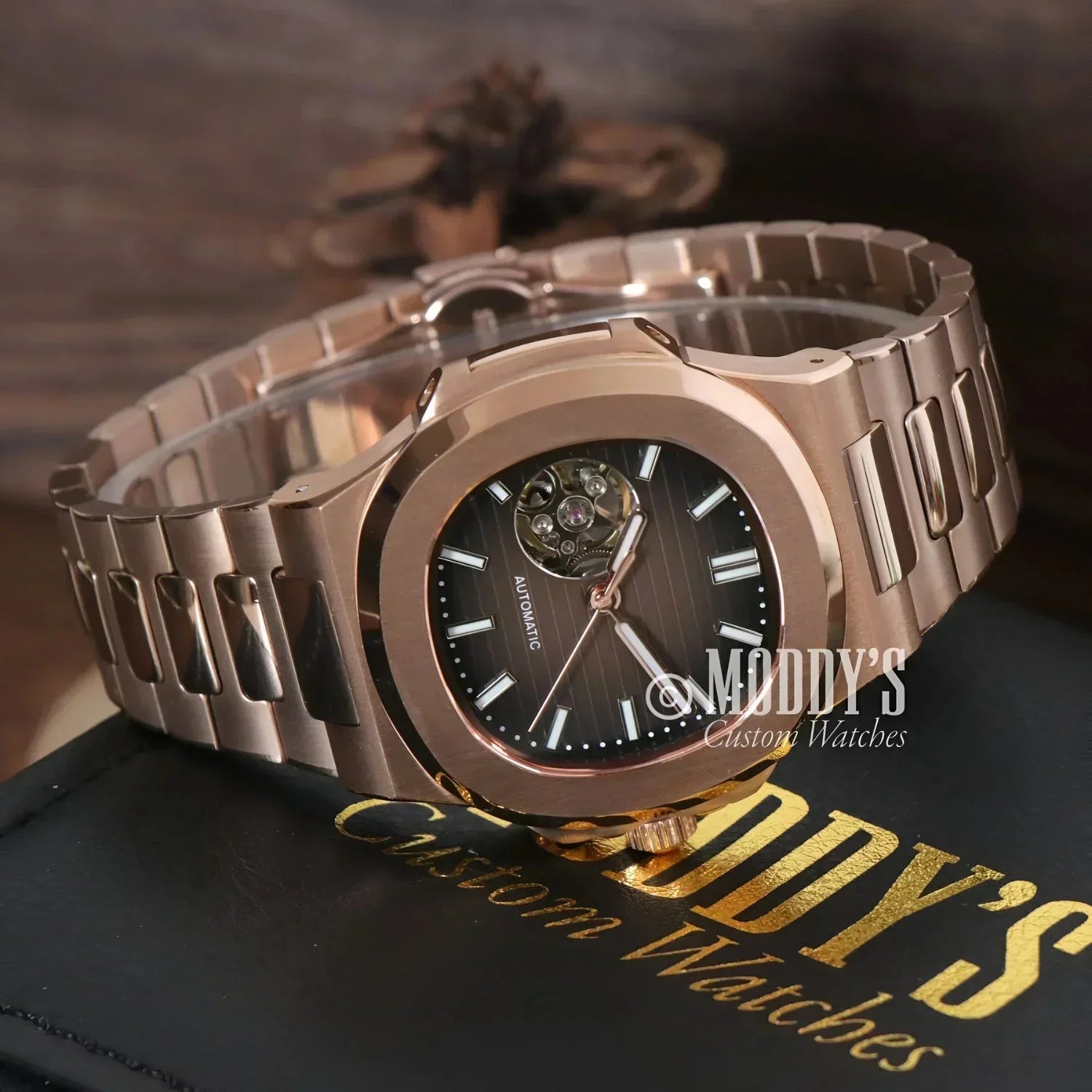 Rose Gold Automatic Wristwatch Nautiko Rose Gold Chocolate Open Heart with 904L Stainless Steel