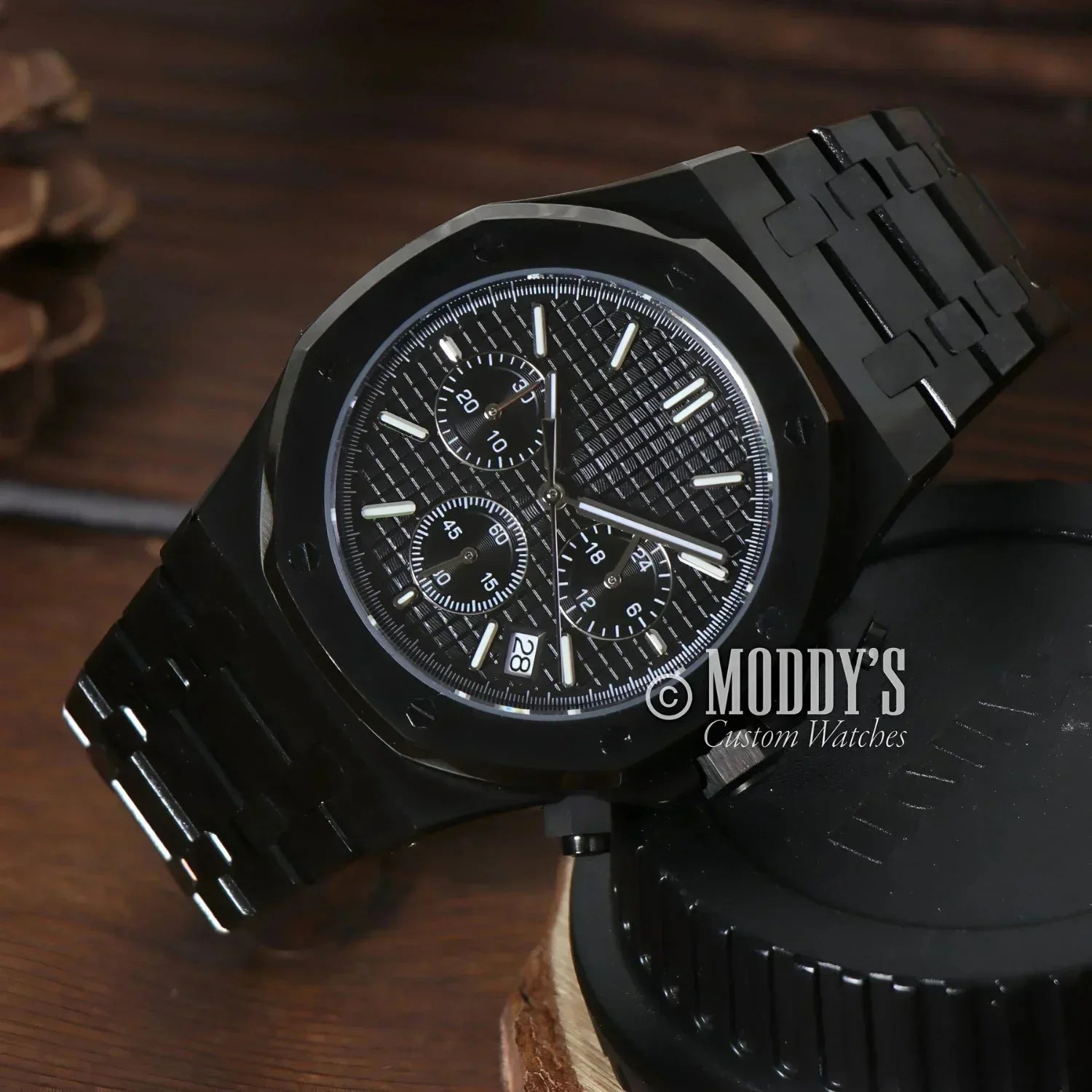 Black Chronograph Wristwatch Royal Seikoak Chrono Triple Black Seiko VK63 Hybrid Design
