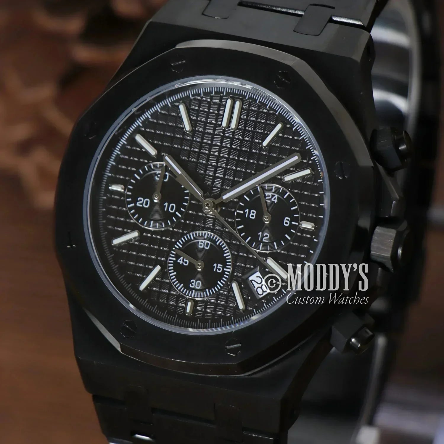 Black Chronograph Wristwatch Royal Seikoak Chrono Triple Black with Seiko VK63 Hybrid movement