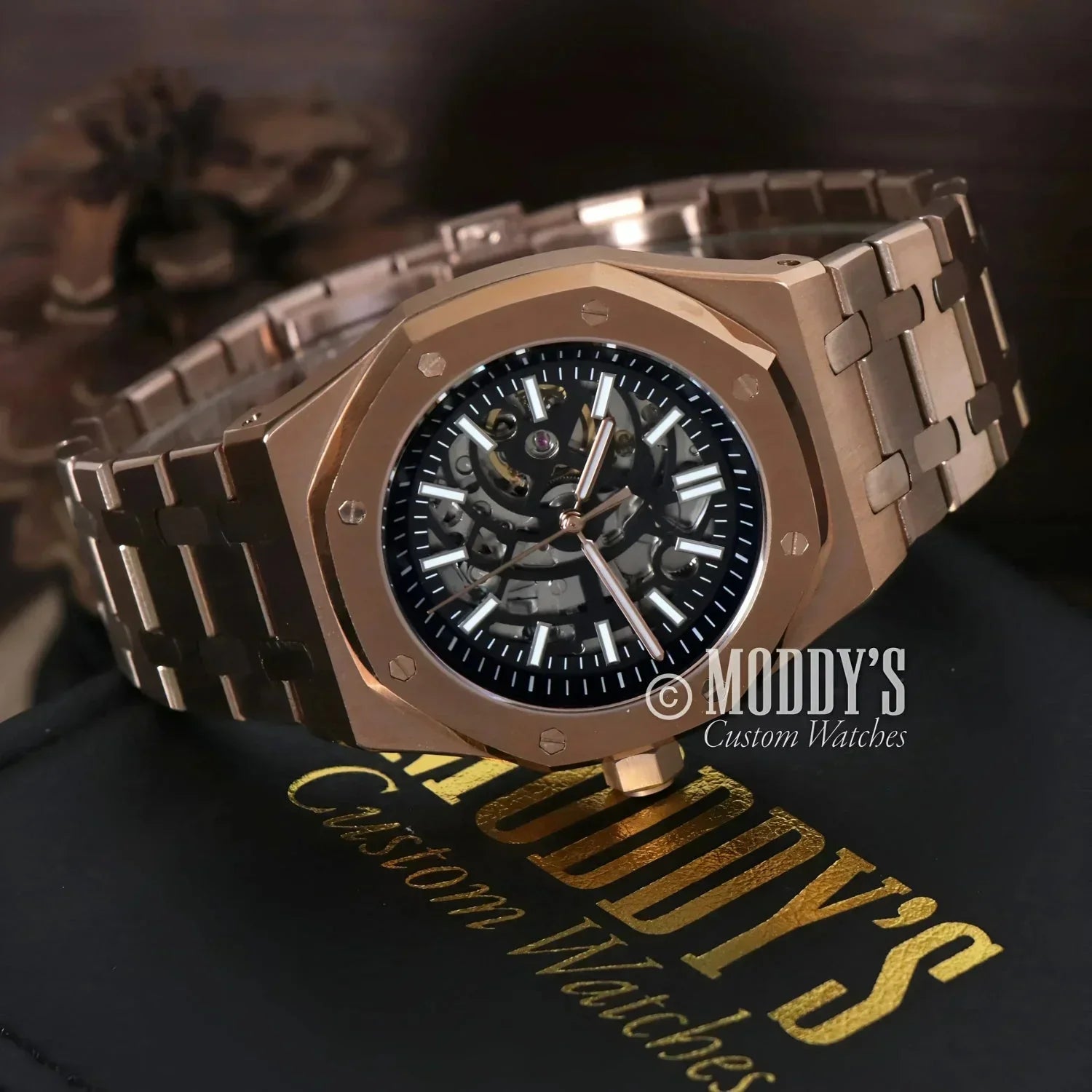 Rose Gold Skeleton Wristwatch from Royal Seikoak, featuring a stylish Royal Oak design