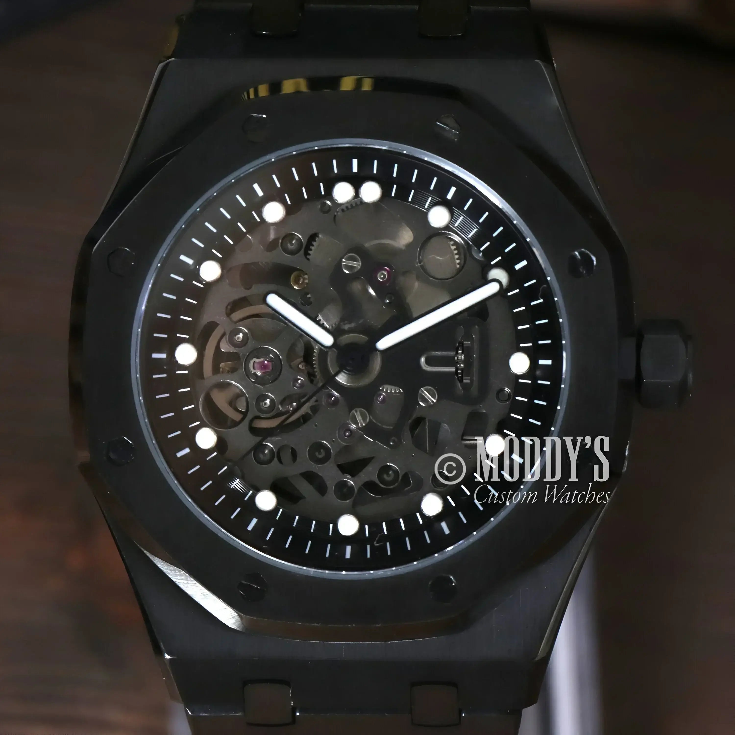 Black skeletonized wristwatch Royal Seikoak with Seiko NH72 automatic movement
